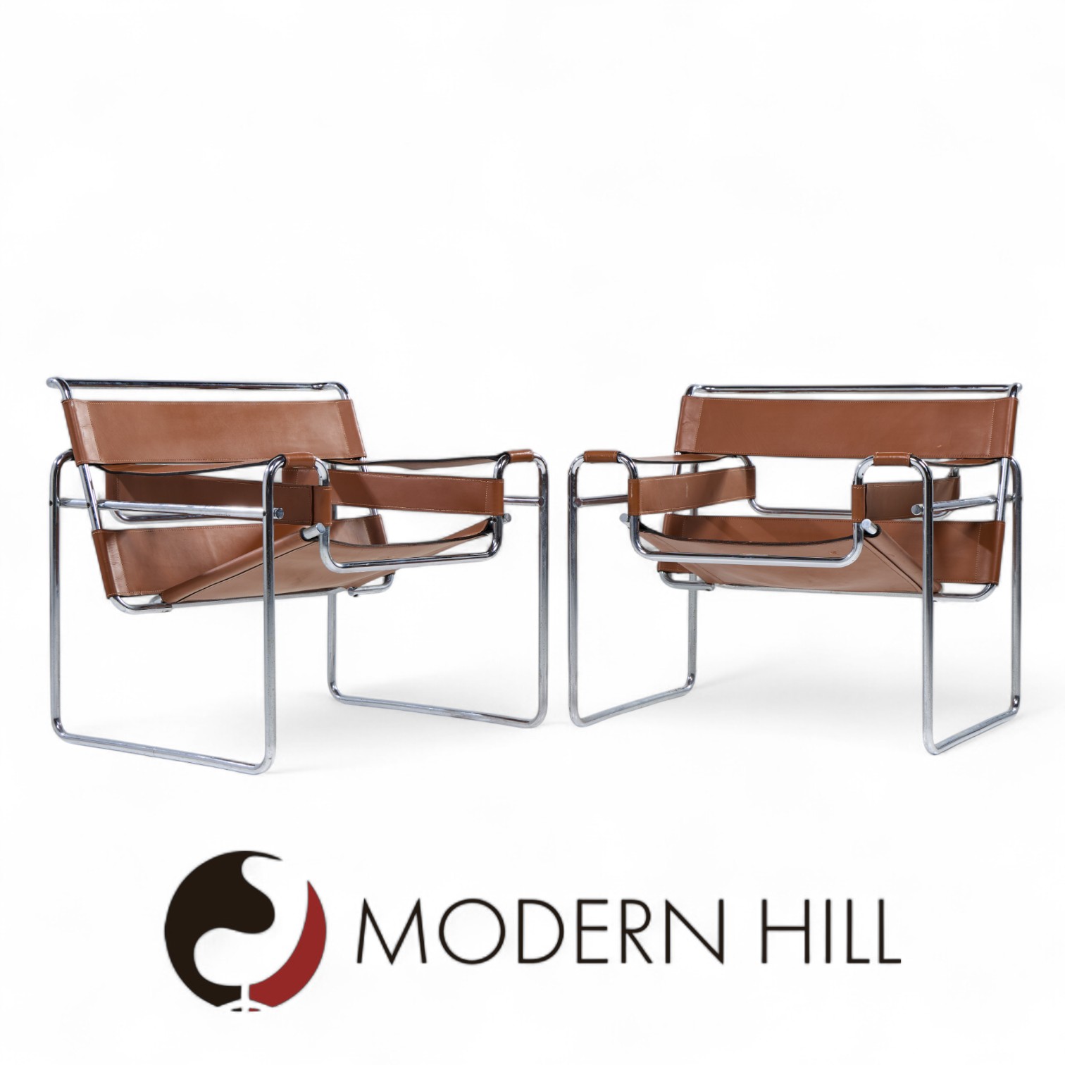 Marcel Breuer for Knoll Mid Century Stainless Steel and Leather Wassily Lounge Chair - Pair
