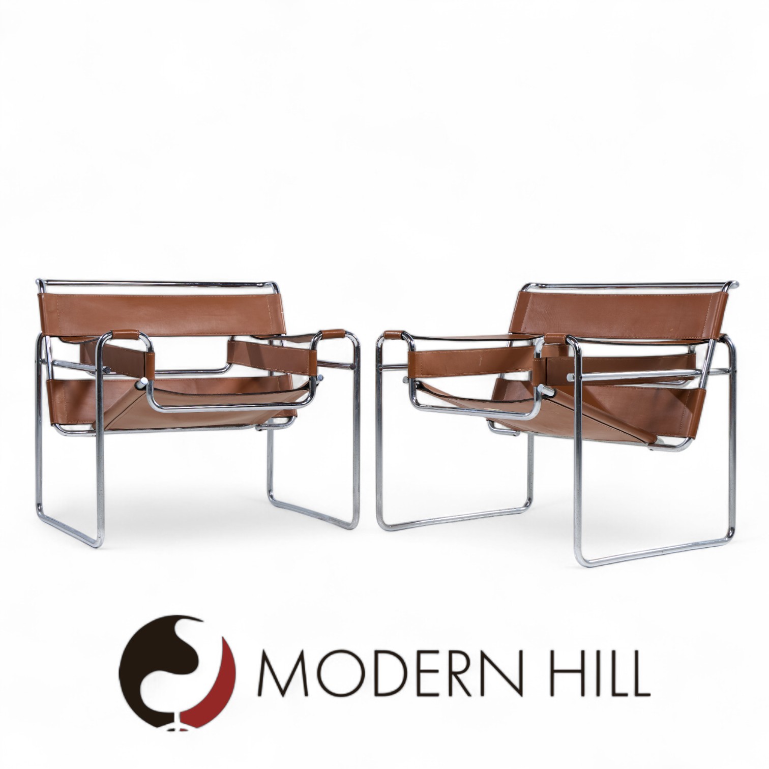 Marcel Breuer for Knoll Mid Century Stainless Steel and Leather Wassily Lounge Chair - Pair