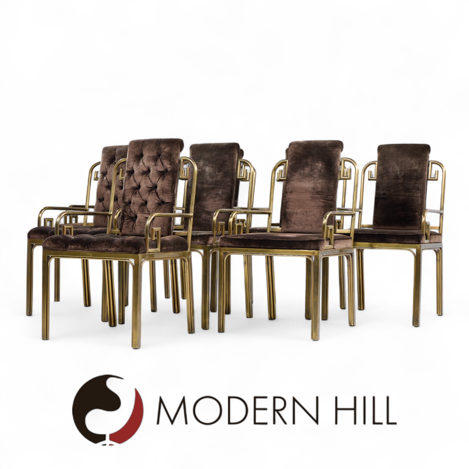 Mastercraft Mid Century Brass Greek Key Dining Chairs - Set of 8