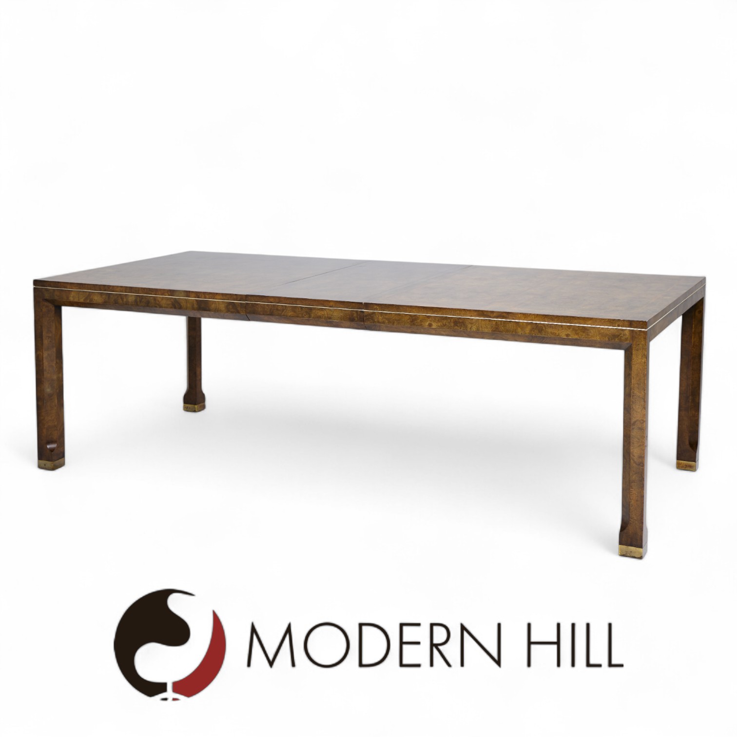 Mastercraft Mid Century Burlwood and Brass Expanding Dining Table with 2 Leaves
