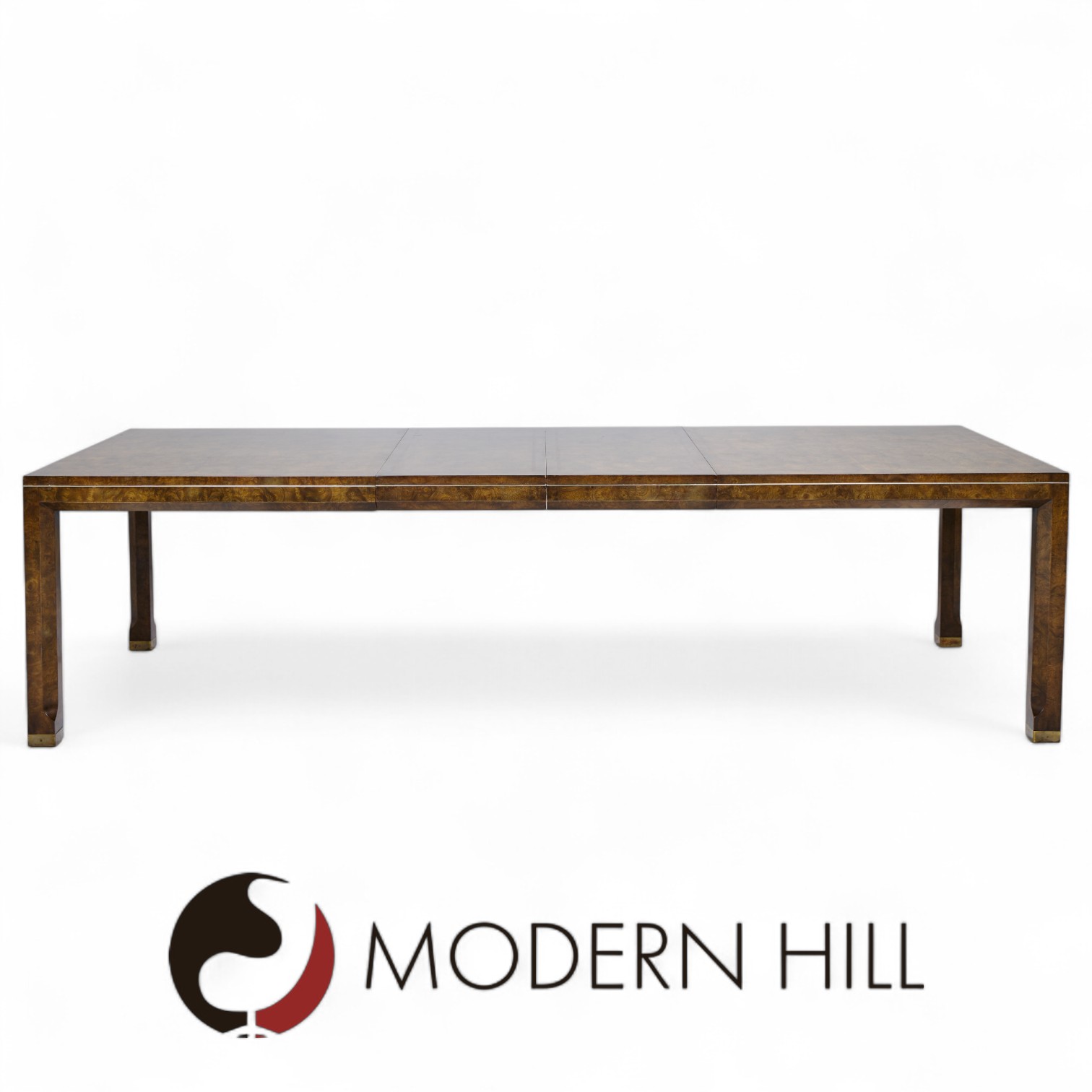 Mastercraft Mid Century Burlwood and Brass Expanding Dining Table with 2 Leaves