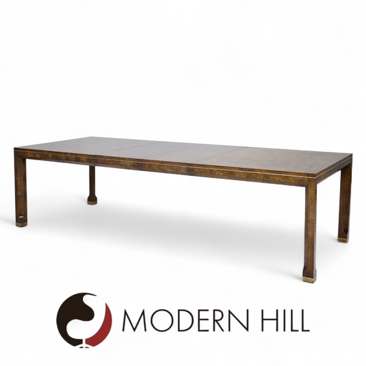 Mastercraft Mid Century Burlwood and Brass Expanding Dining Table with 2 Leaves