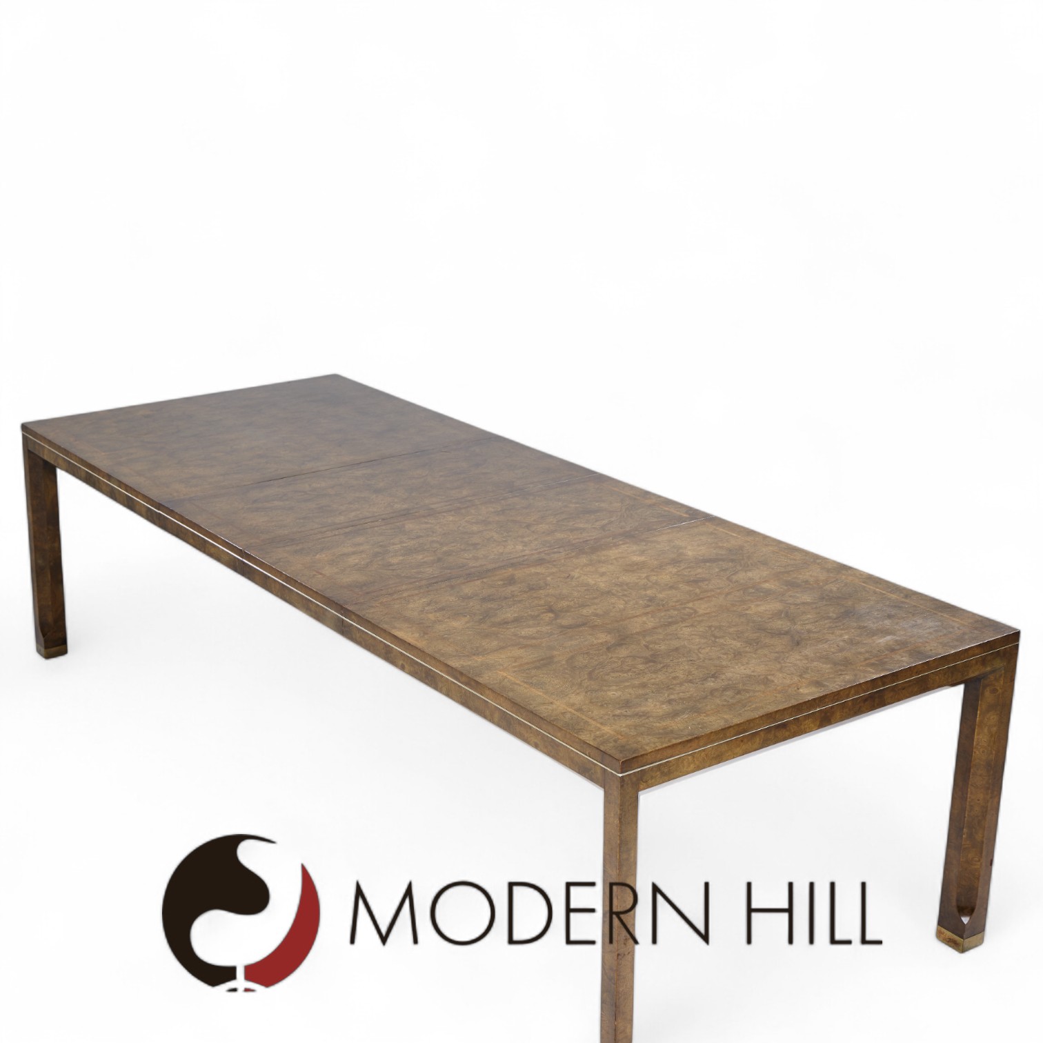 Mastercraft Mid Century Burlwood and Brass Expanding Dining Table with 2 Leaves