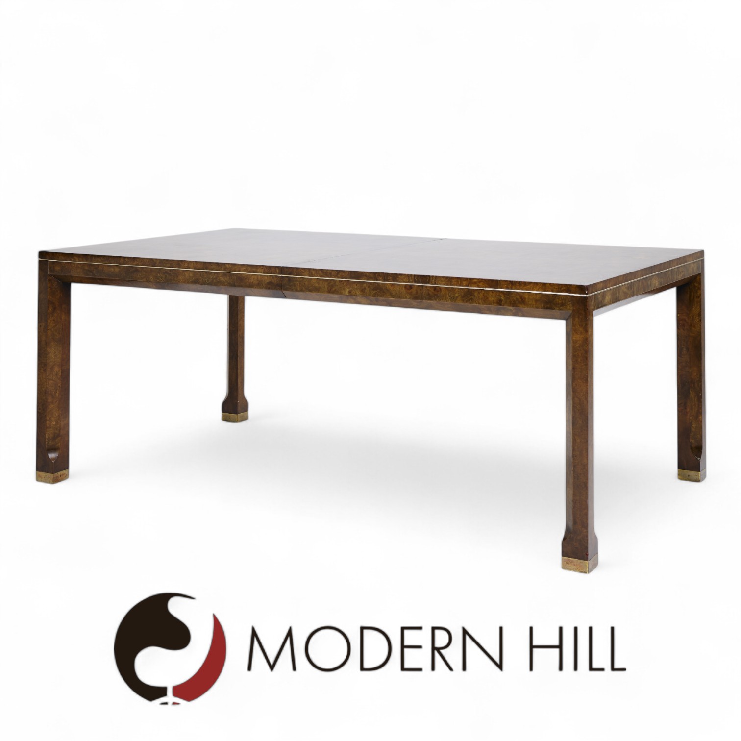 Mastercraft Mid Century Burlwood and Brass Expanding Dining Table with 2 Leaves