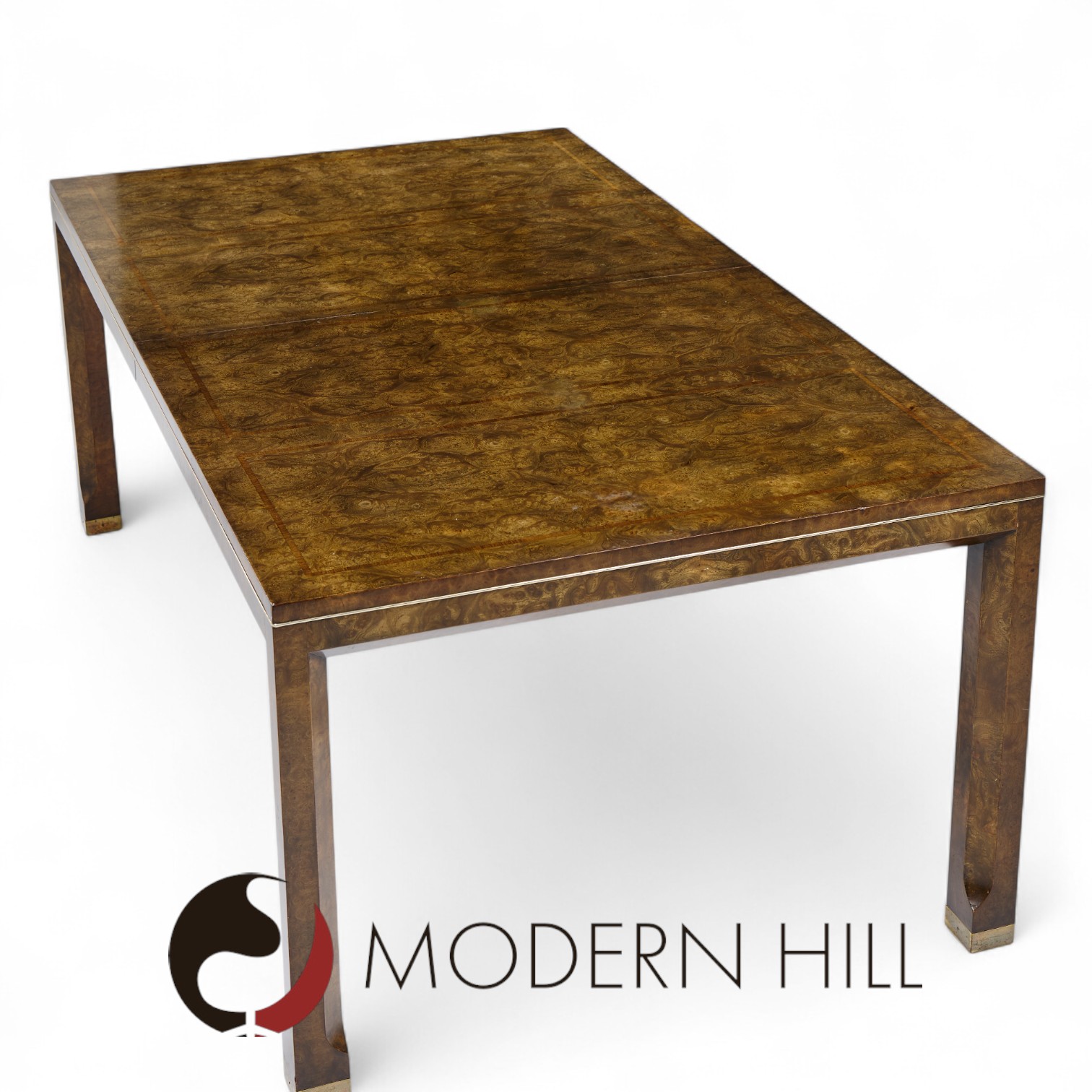 Mastercraft Mid Century Burlwood and Brass Expanding Dining Table with 2 Leaves