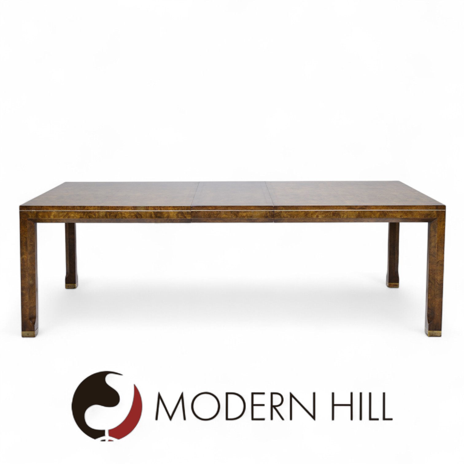Mastercraft Mid Century Burlwood and Brass Expanding Dining Table with 2 Leaves