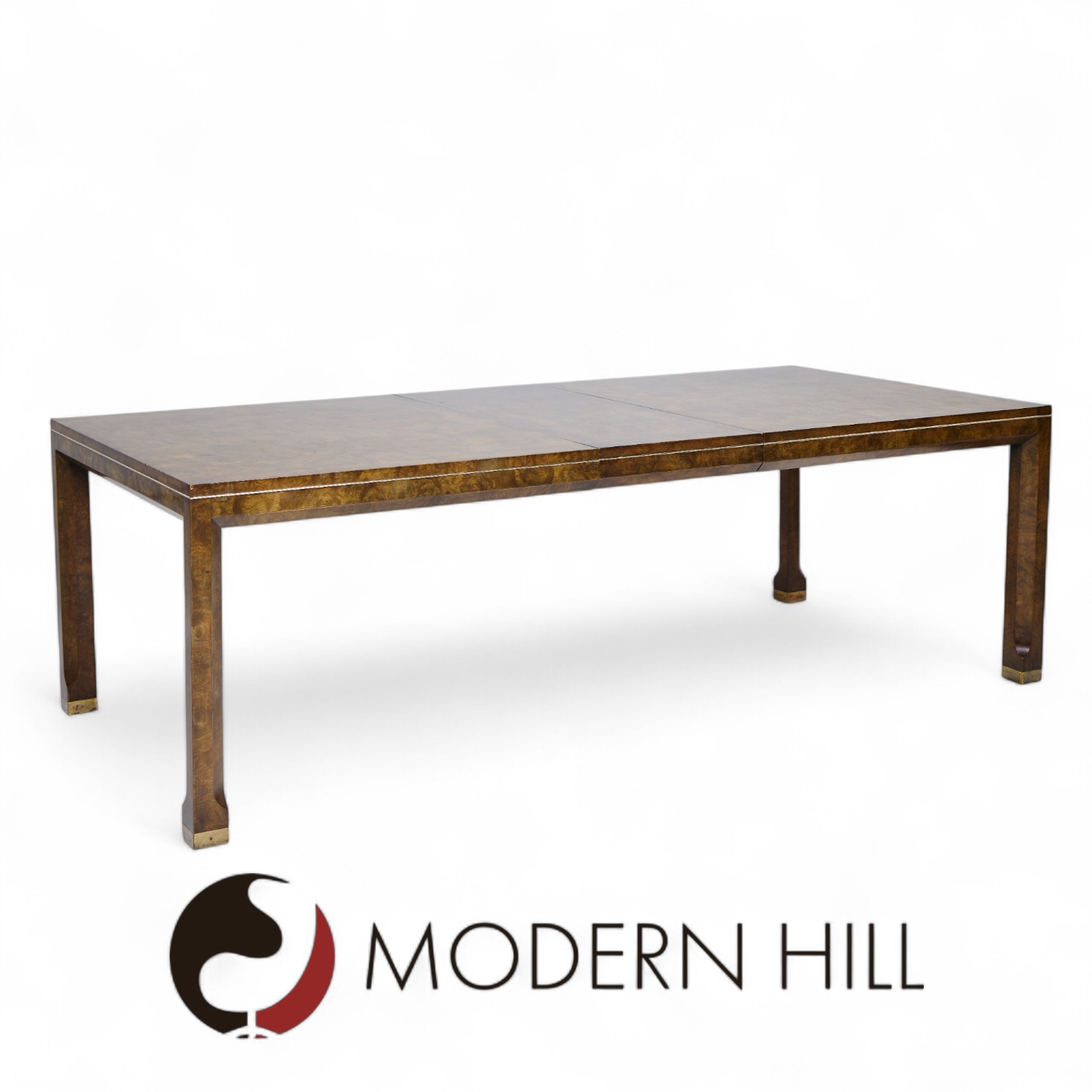 Mastercraft Mid Century Burlwood and Brass Expanding Dining Table with 2 Leaves