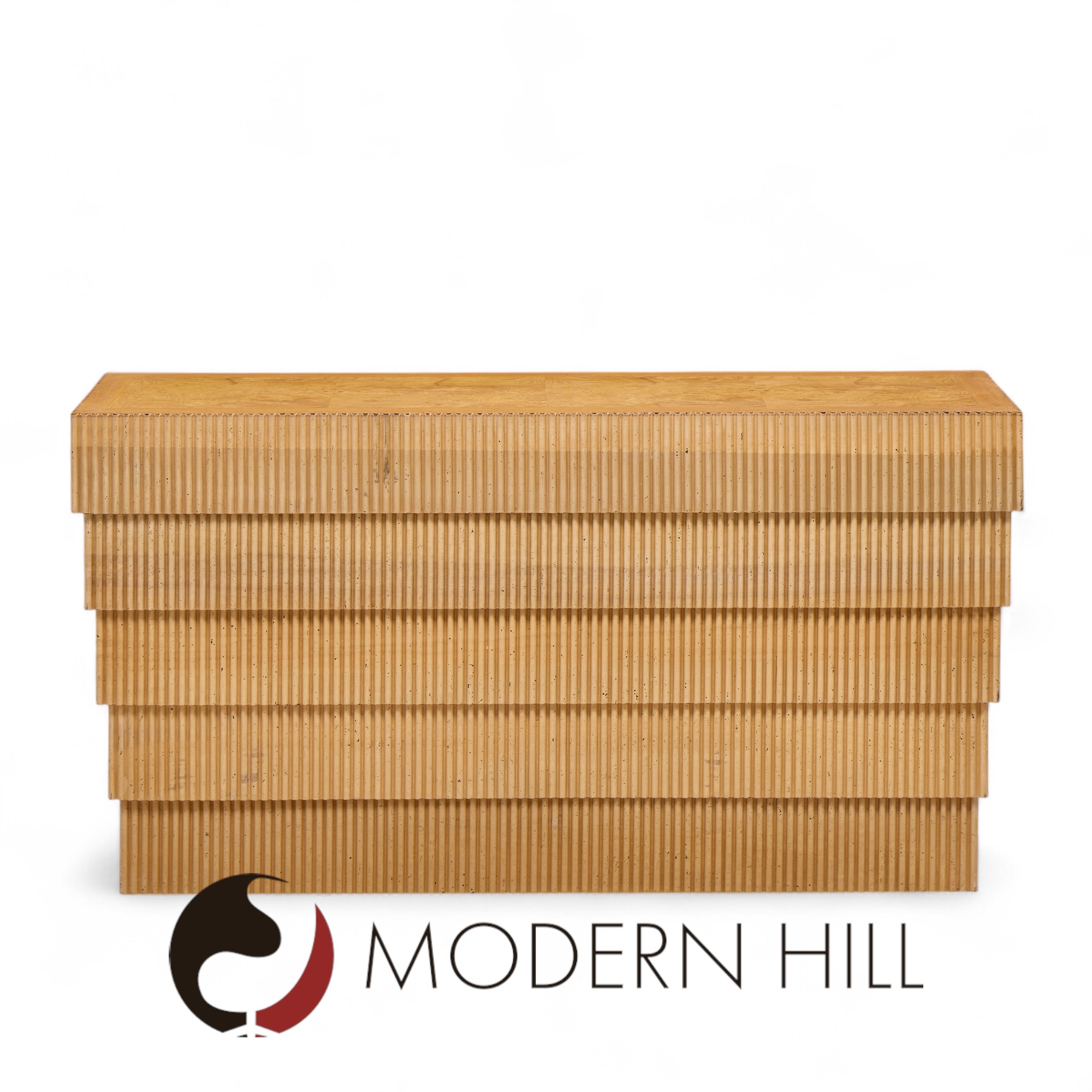 Mid Century Fluted Oak and Burlwood Console Table