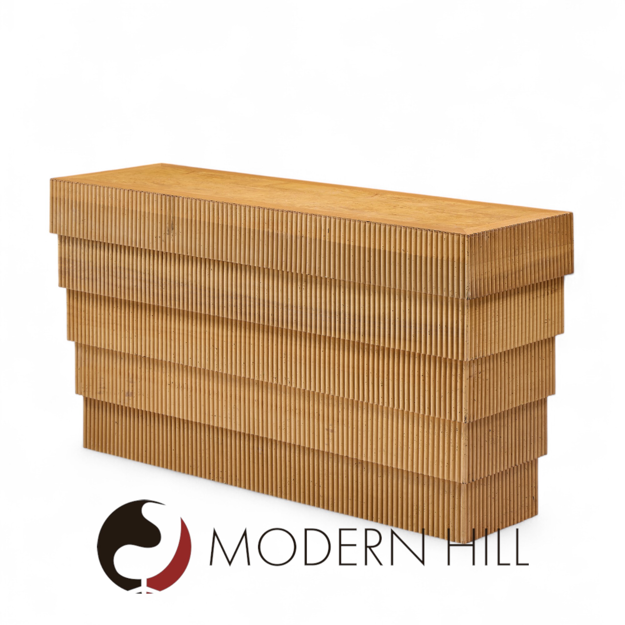 Mid Century Fluted Oak and Burlwood Console Table
