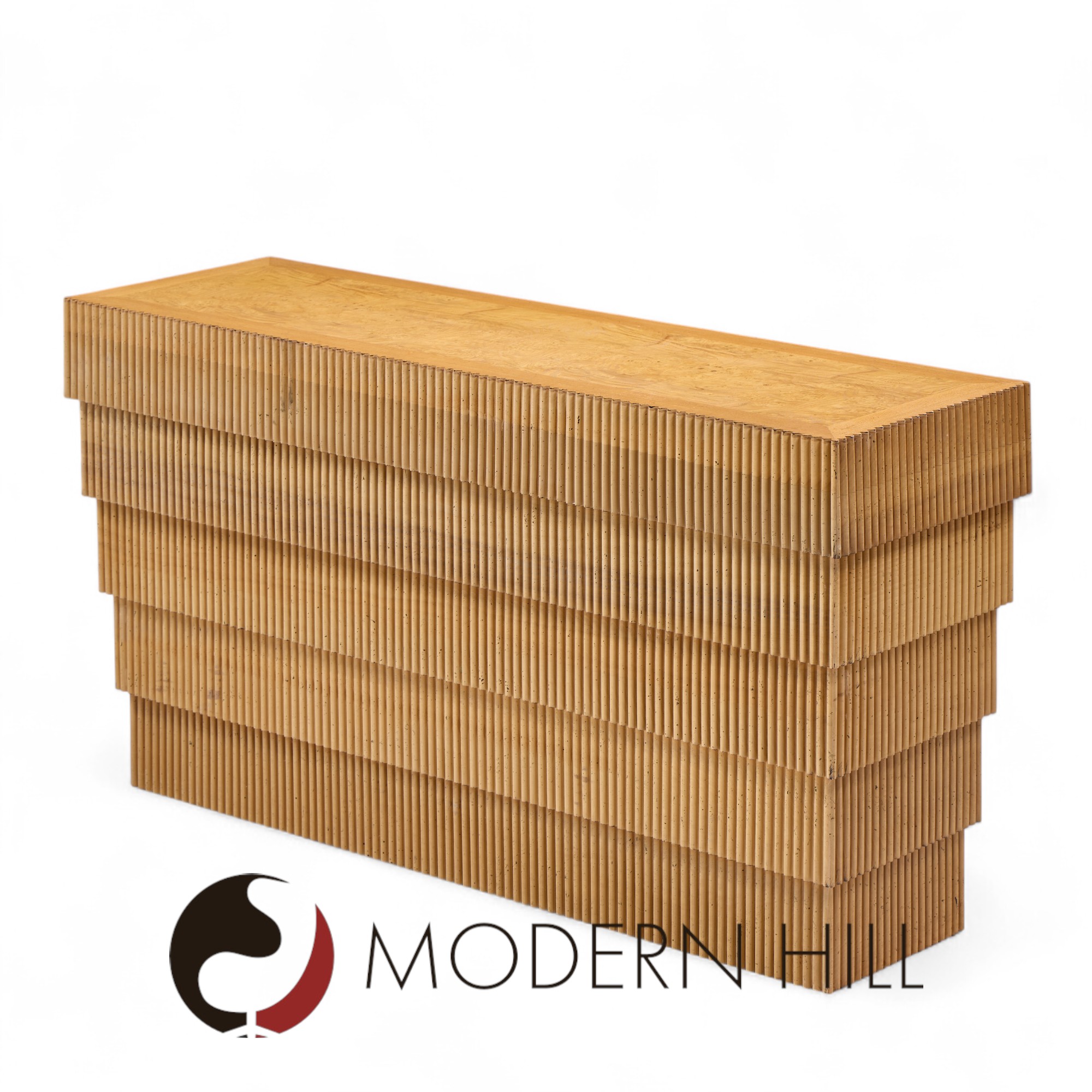 Mid Century Fluted Oak and Burlwood Console Table