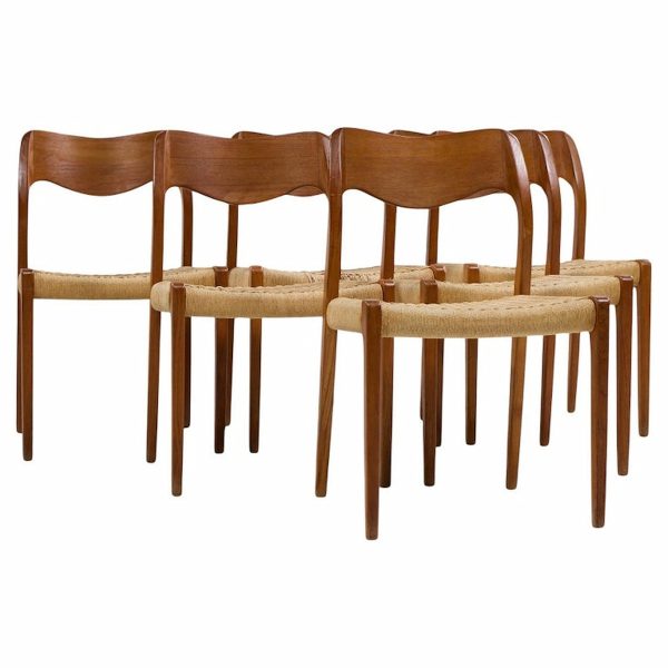 Niels Moller Model 71 Mid Century Danish Teak and Paper Cord Dining Chairs - Set of 6