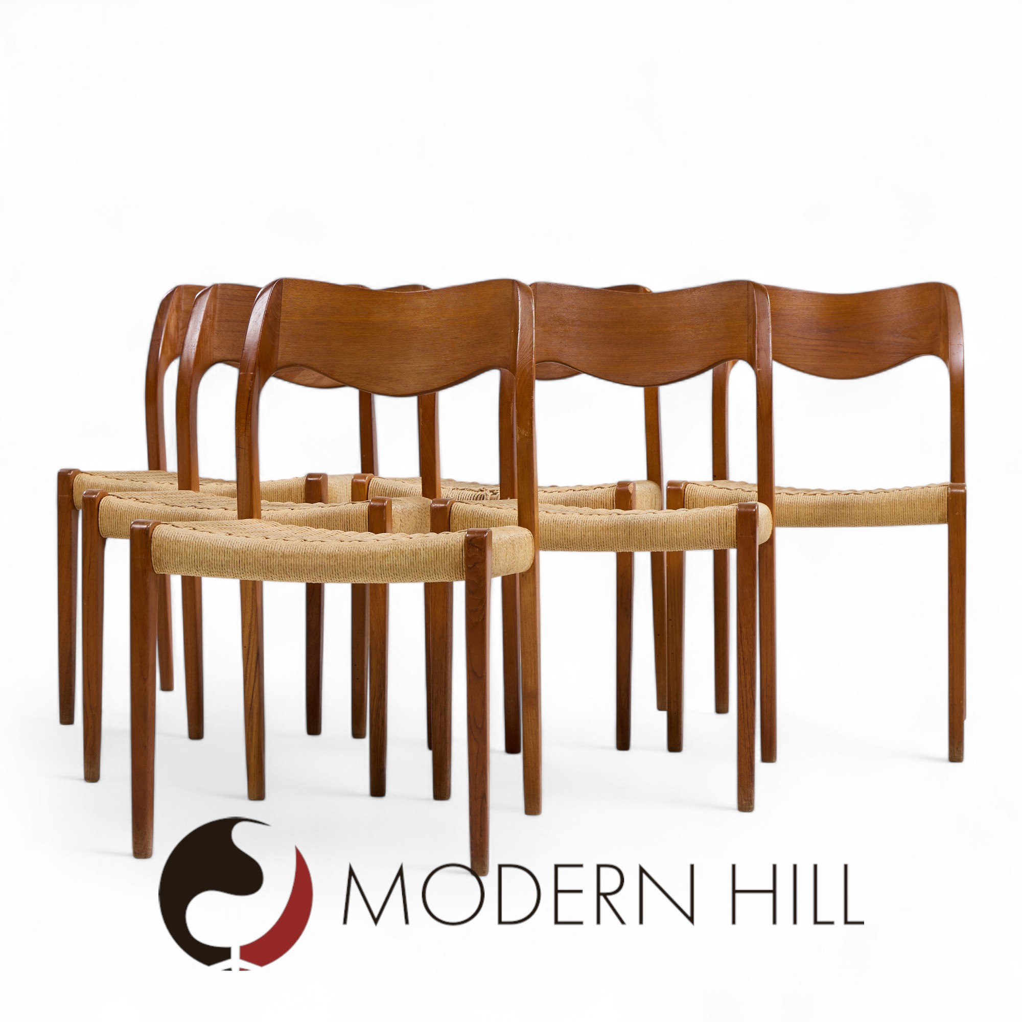 Niels Moller Model 71 Mid Century Danish Teak and Papercord Dining Chairs - Set of 6
