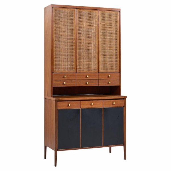 Paul Mccobb Connoisseur Collection Mid Century Mahogany and Cane Secretary Bar Cabinet