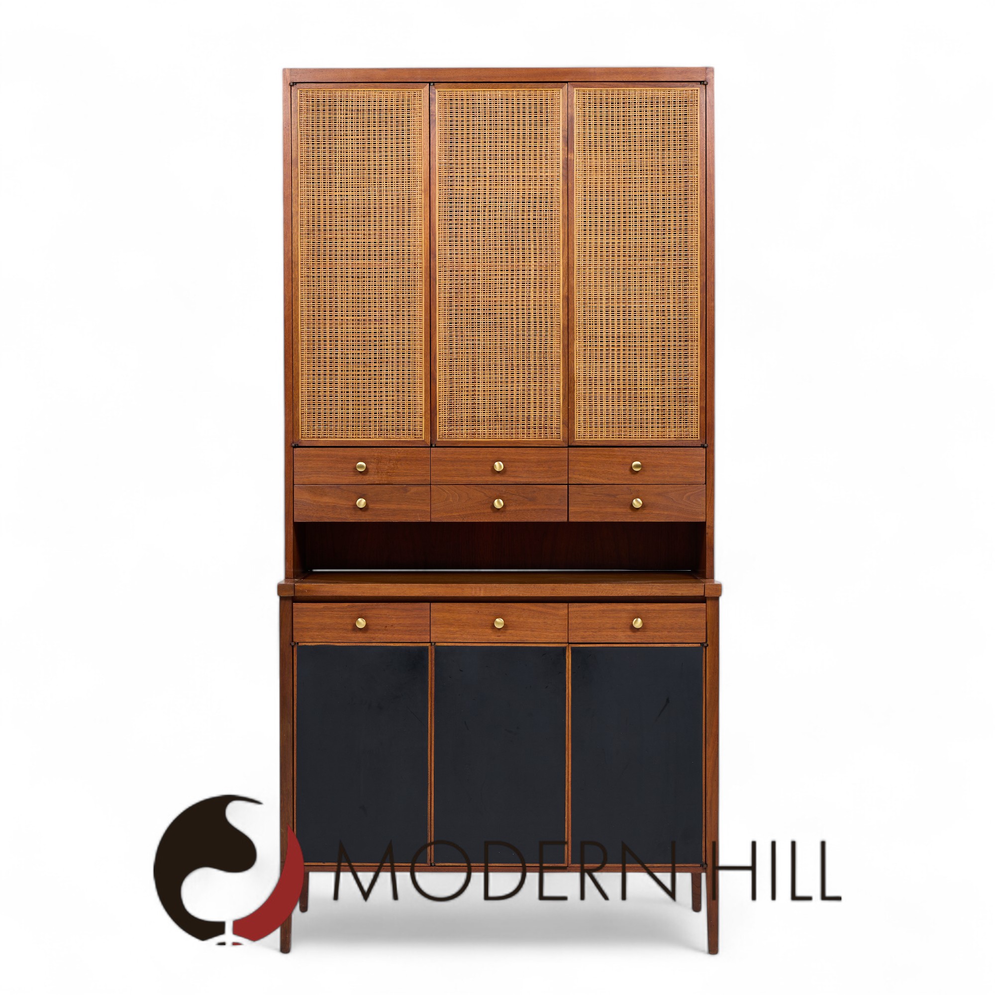 Paul Mccobb Connoisseur Collection Mid Century Mahogany and Cane Secretary Bar Cabinet
