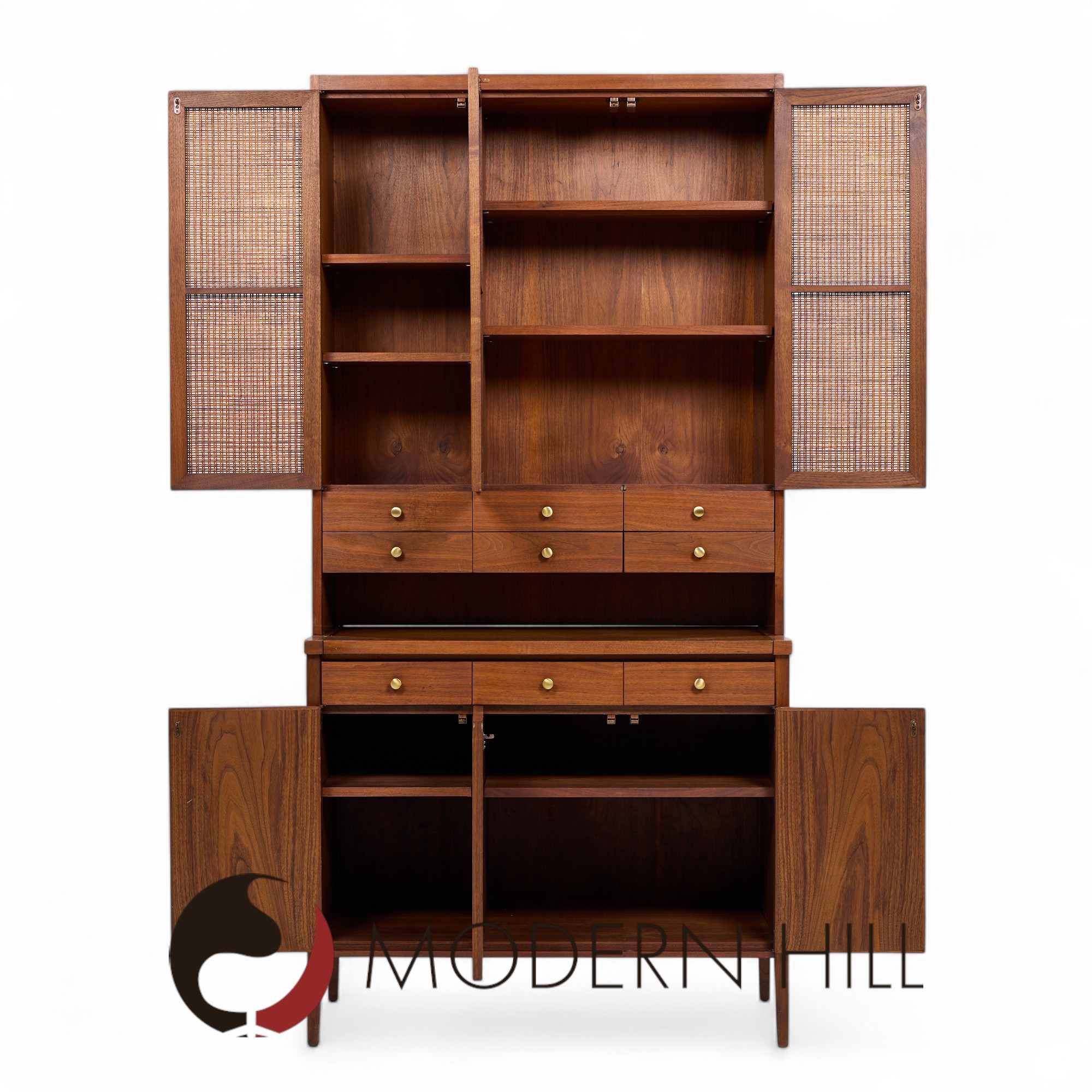 Paul Mccobb Connoisseur Collection Mid Century Mahogany and Cane Secretary Bar Cabinet