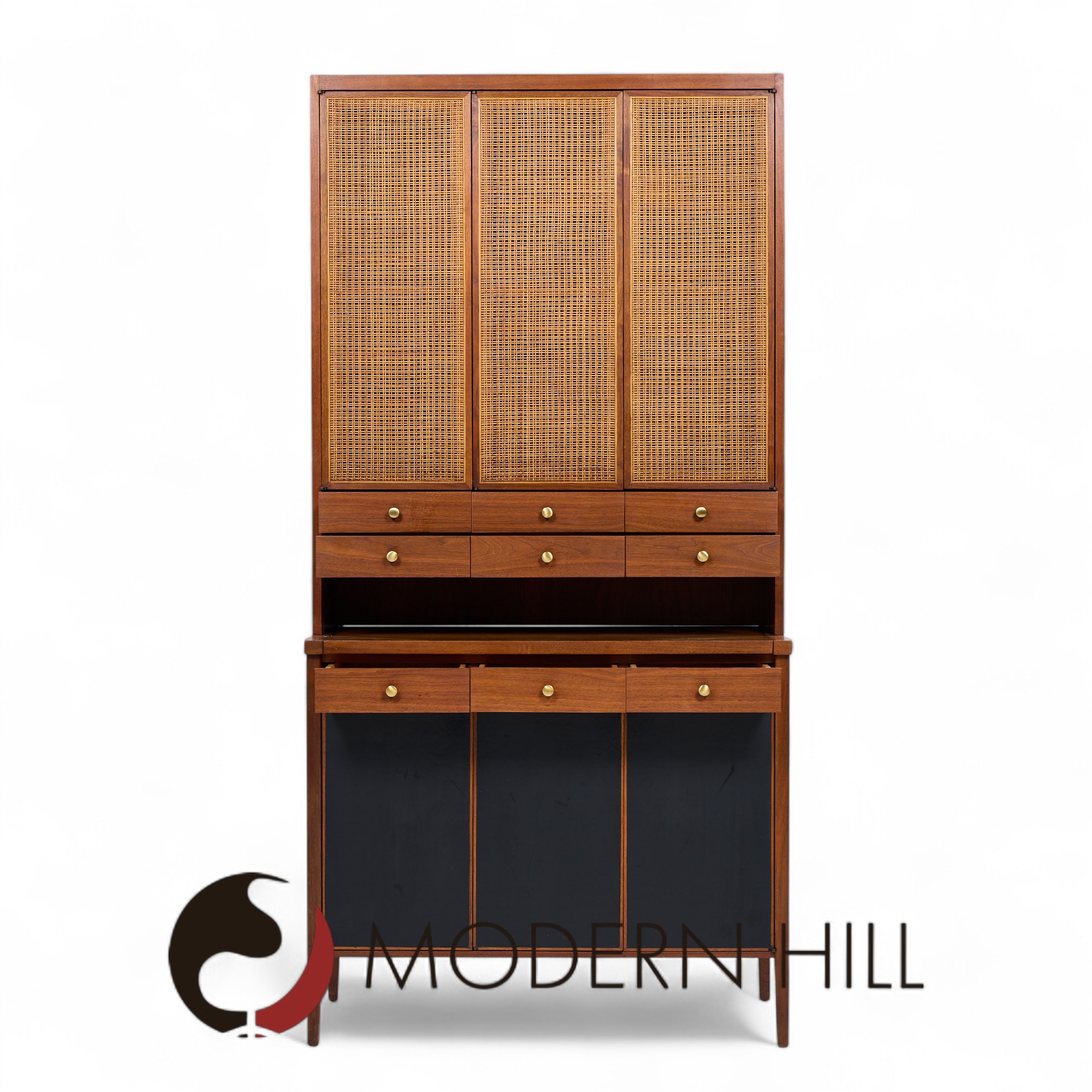 Paul Mccobb Connoisseur Collection Mid Century Mahogany and Cane Secretary Bar Cabinet