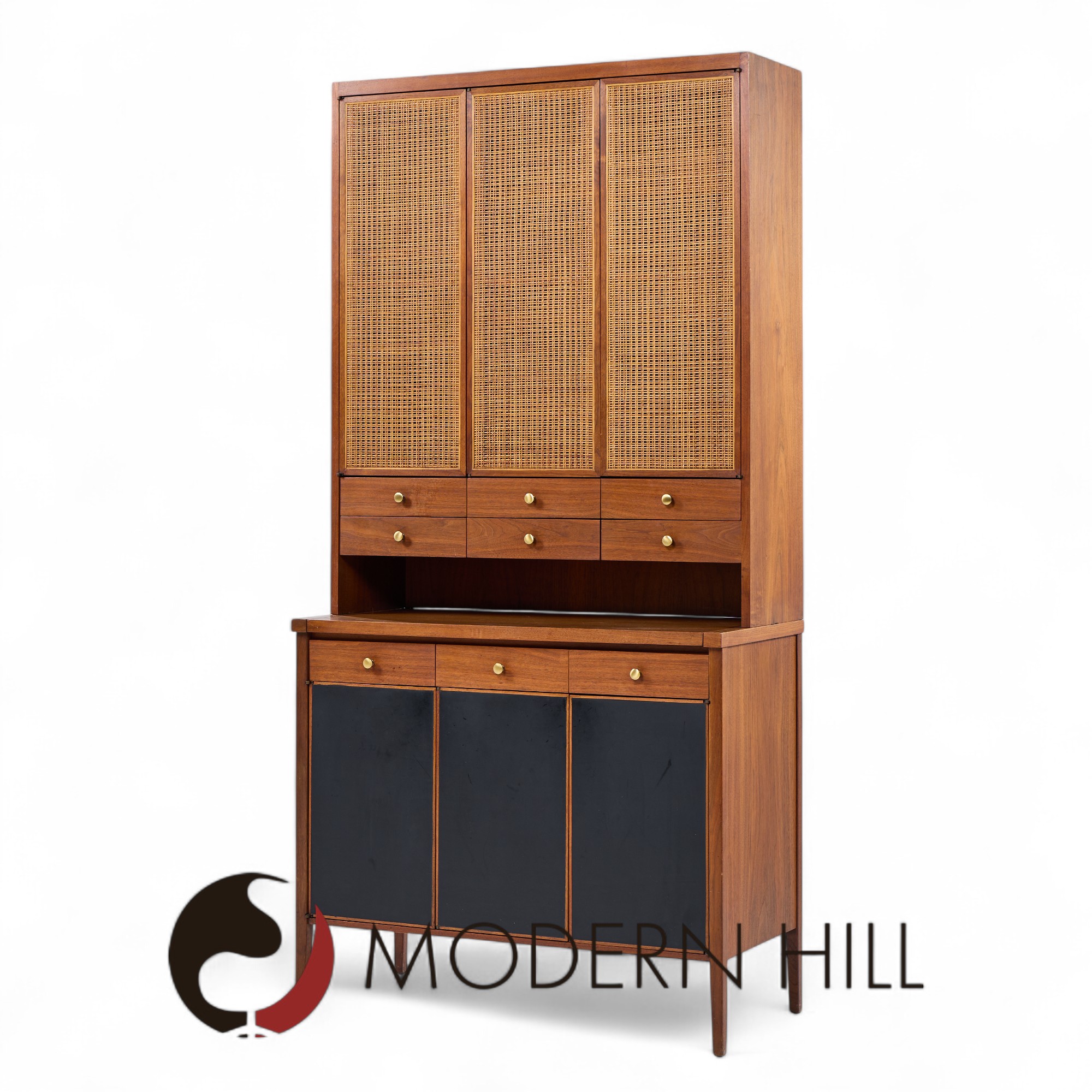 Paul Mccobb Connoisseur Collection Mid Century Mahogany and Cane Secretary Bar Cabinet