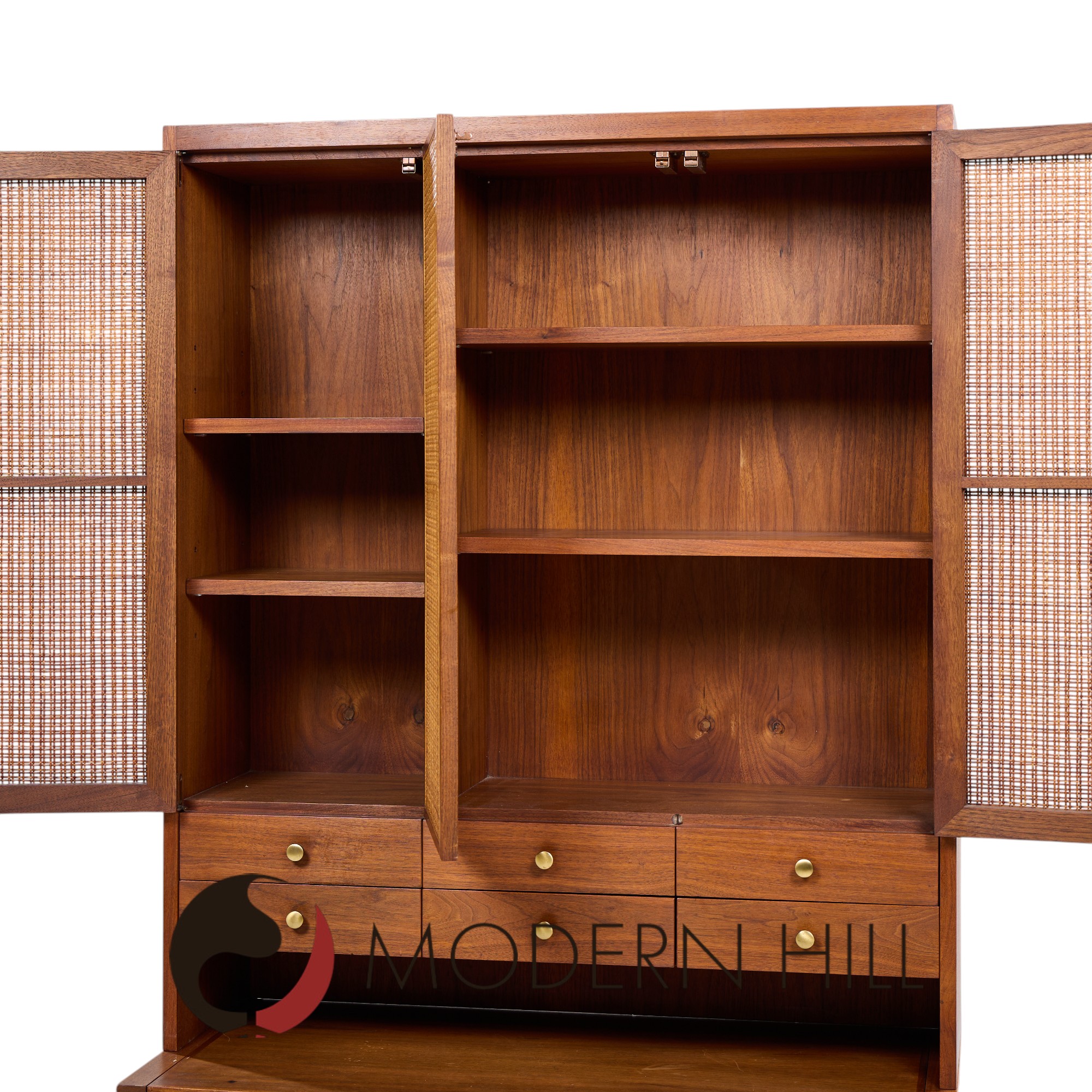 Paul Mccobb Connoisseur Collection Mid Century Mahogany and Cane Secretary Bar Cabinet