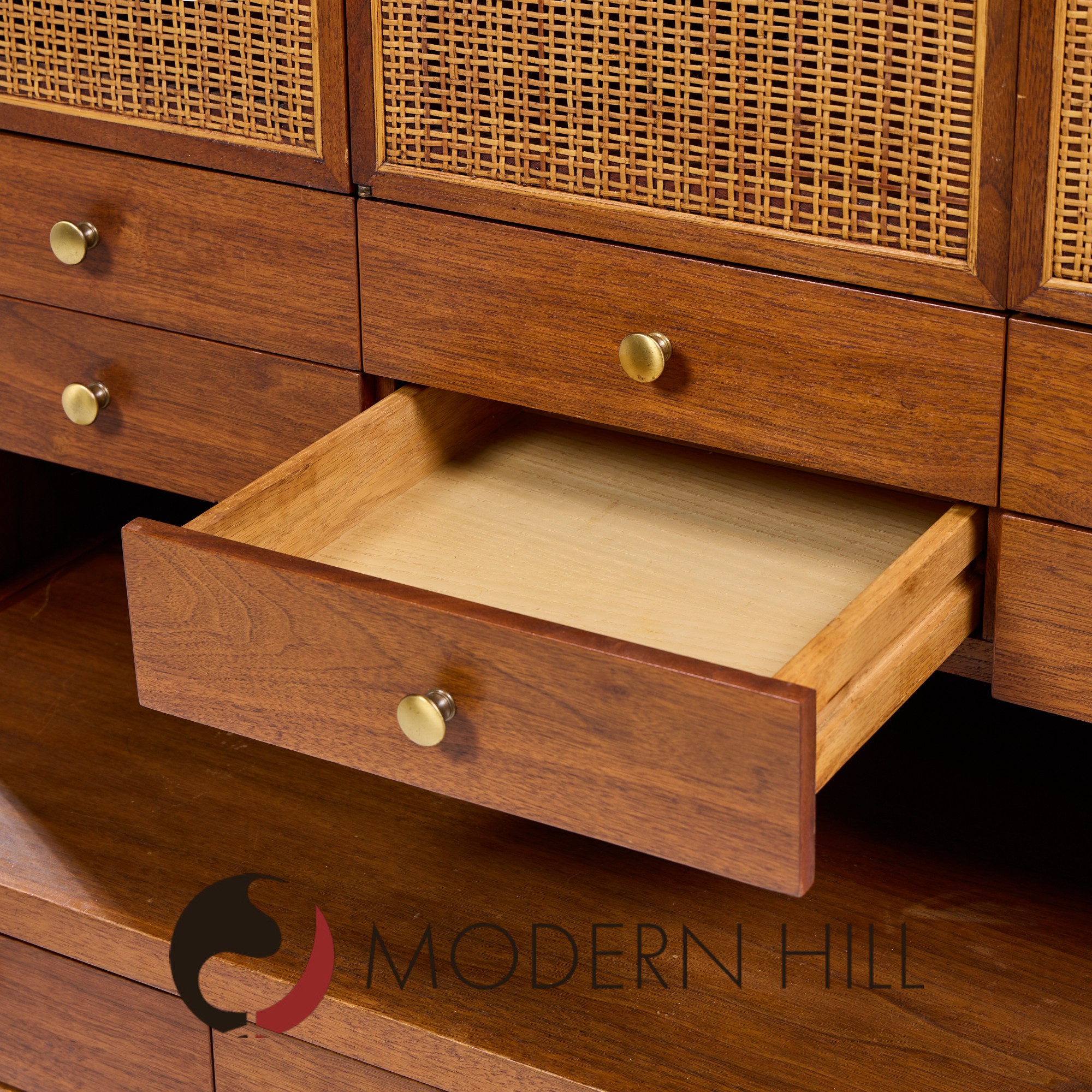 Paul Mccobb Connoisseur Collection Mid Century Mahogany and Cane Secretary Bar Cabinet