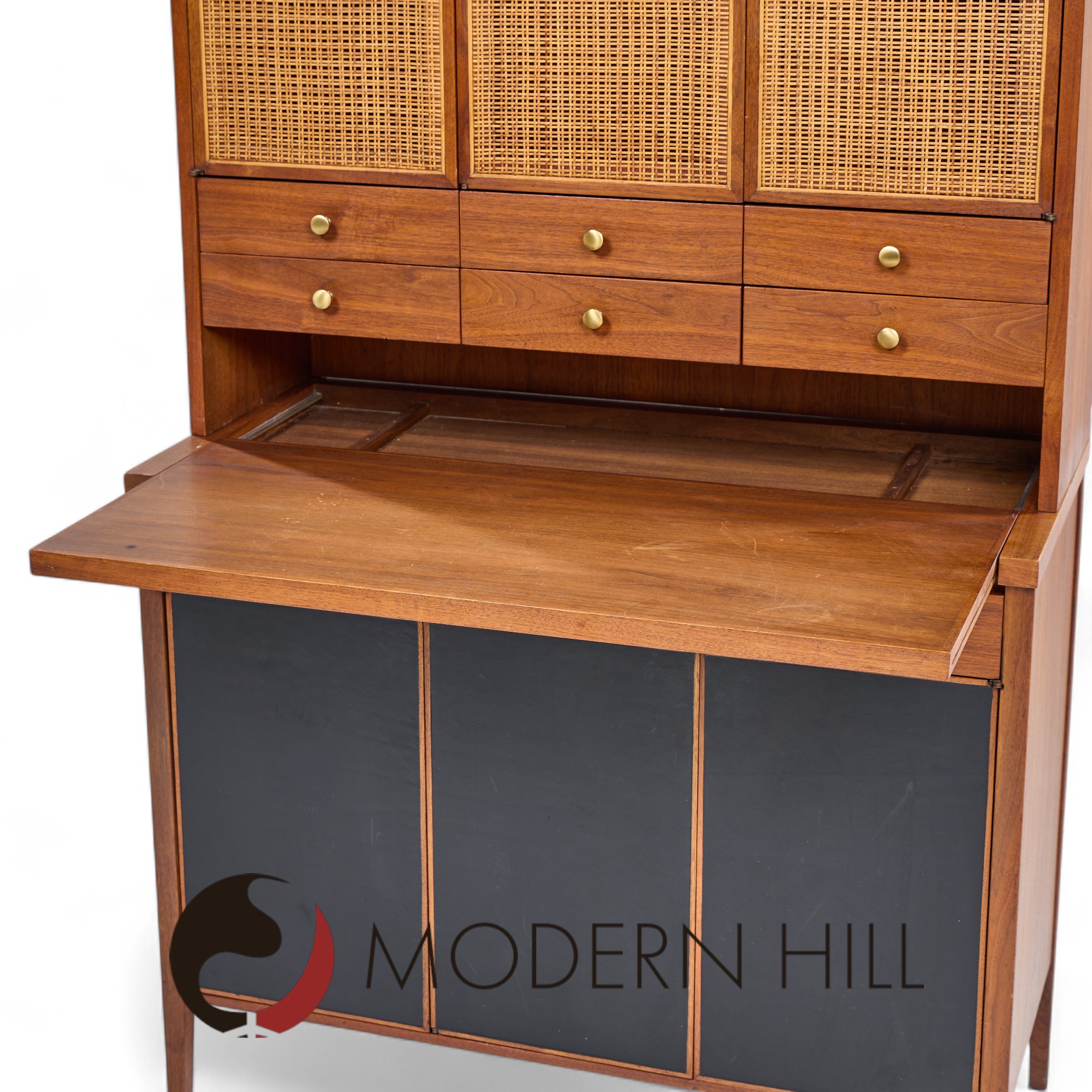 Paul Mccobb Connoisseur Collection Mid Century Mahogany and Cane Secretary Bar Cabinet