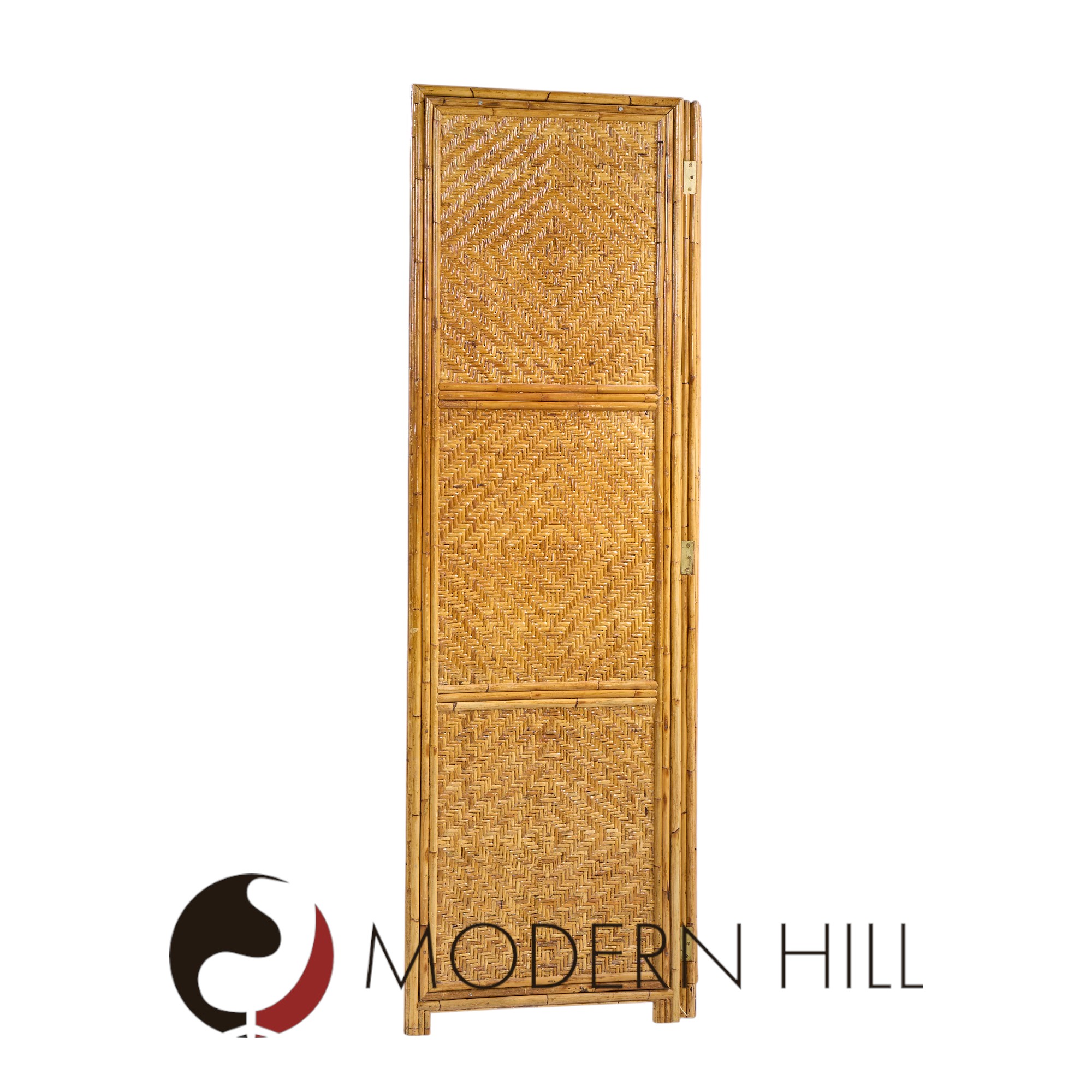 Vivai Del Sud Mid Century Italian Bamboo Rattan Palm Tree Folding Screen Mirror