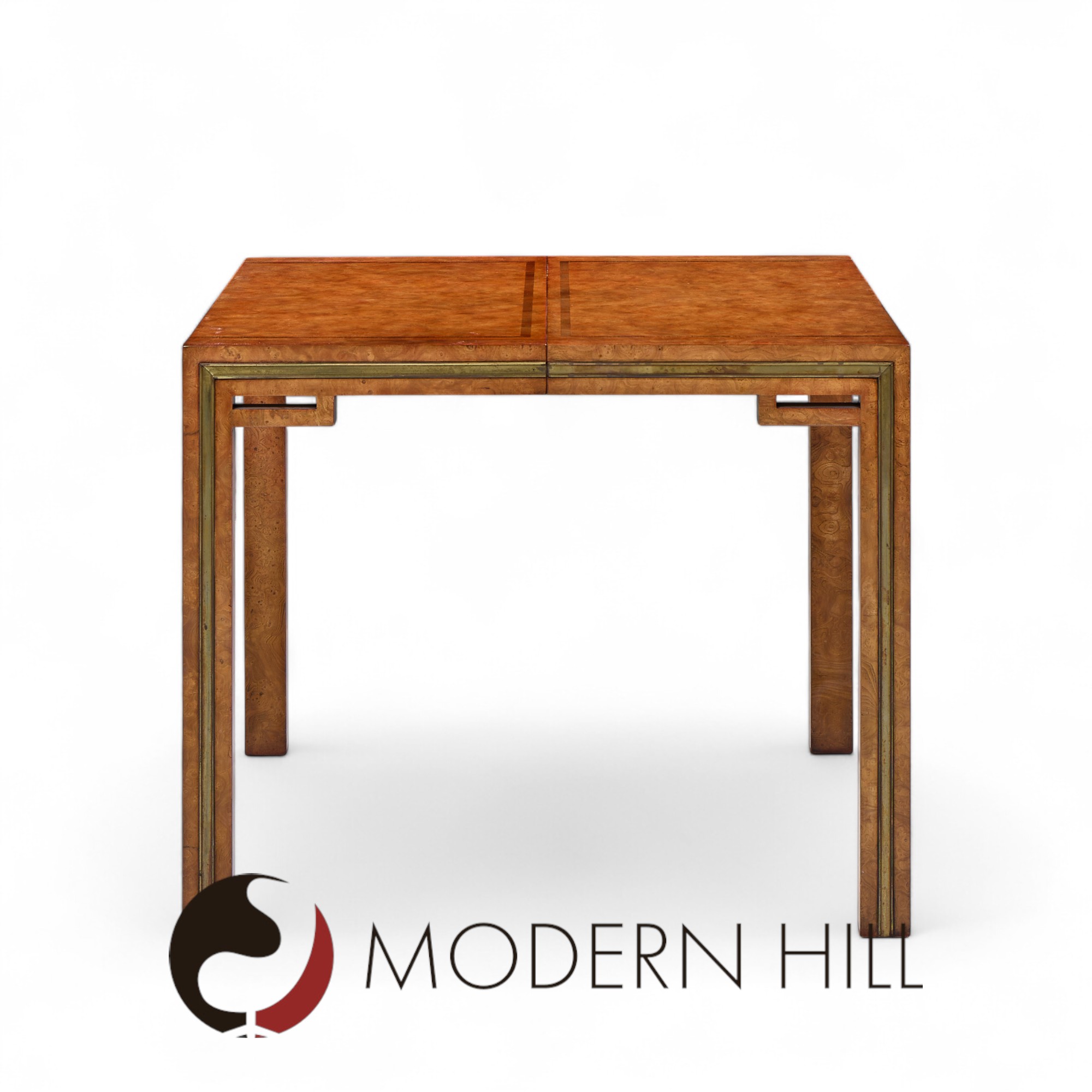 William Doezema for Mastercraft Mid Century Burlwood and Brass Expanding Dining Table with 3 Leaves