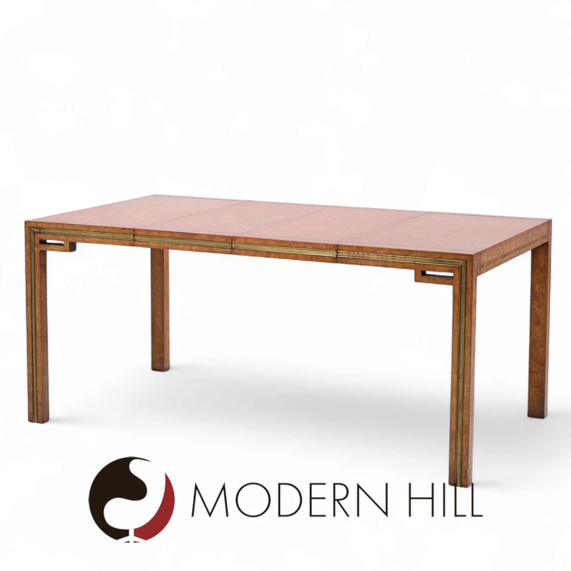 William Doezema for Mastercraft Mid Century Burlwood and Brass Expanding Dining Table with 3 Leaves