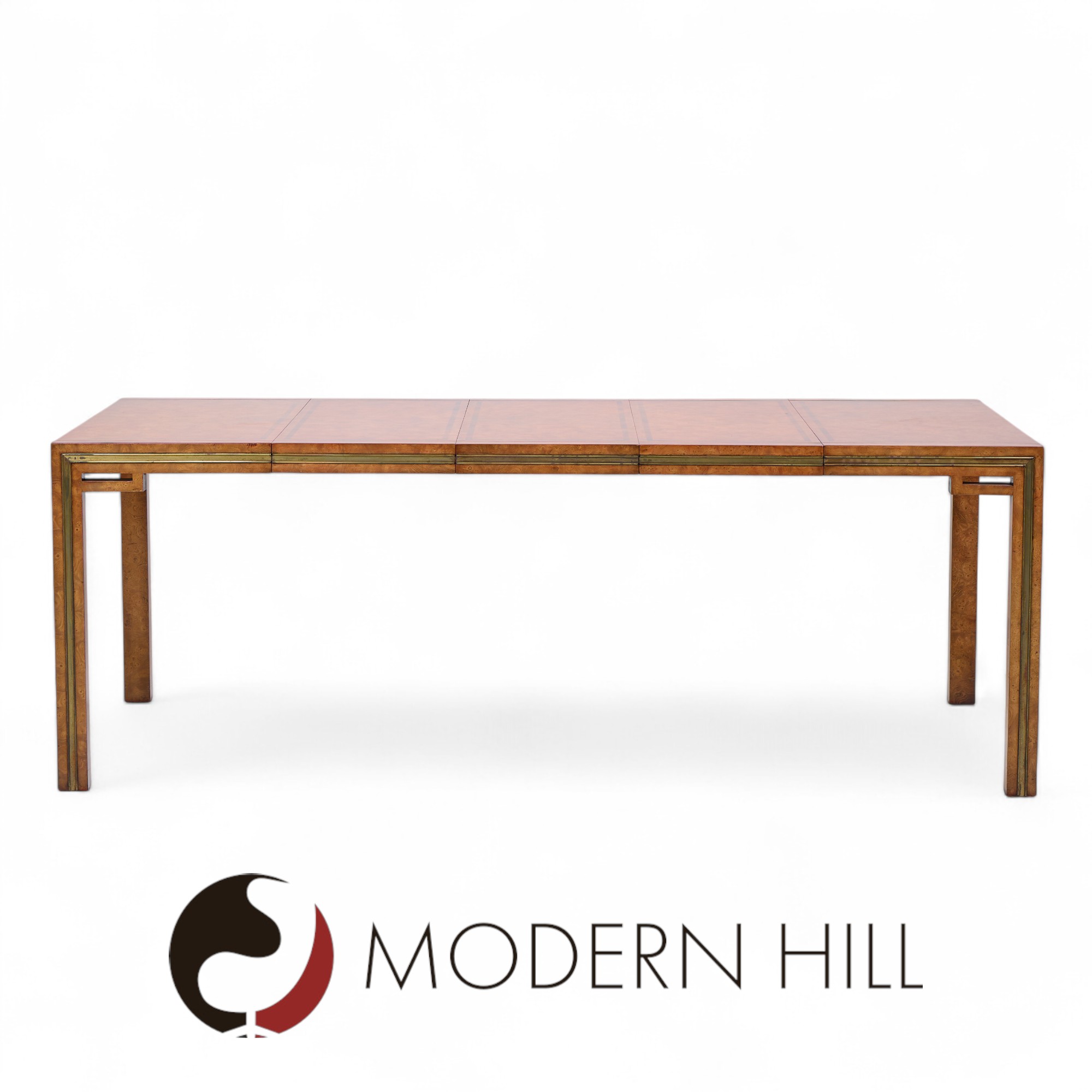 William Doezema for Mastercraft Mid Century Burlwood and Brass Expanding Dining Table with 3 Leaves