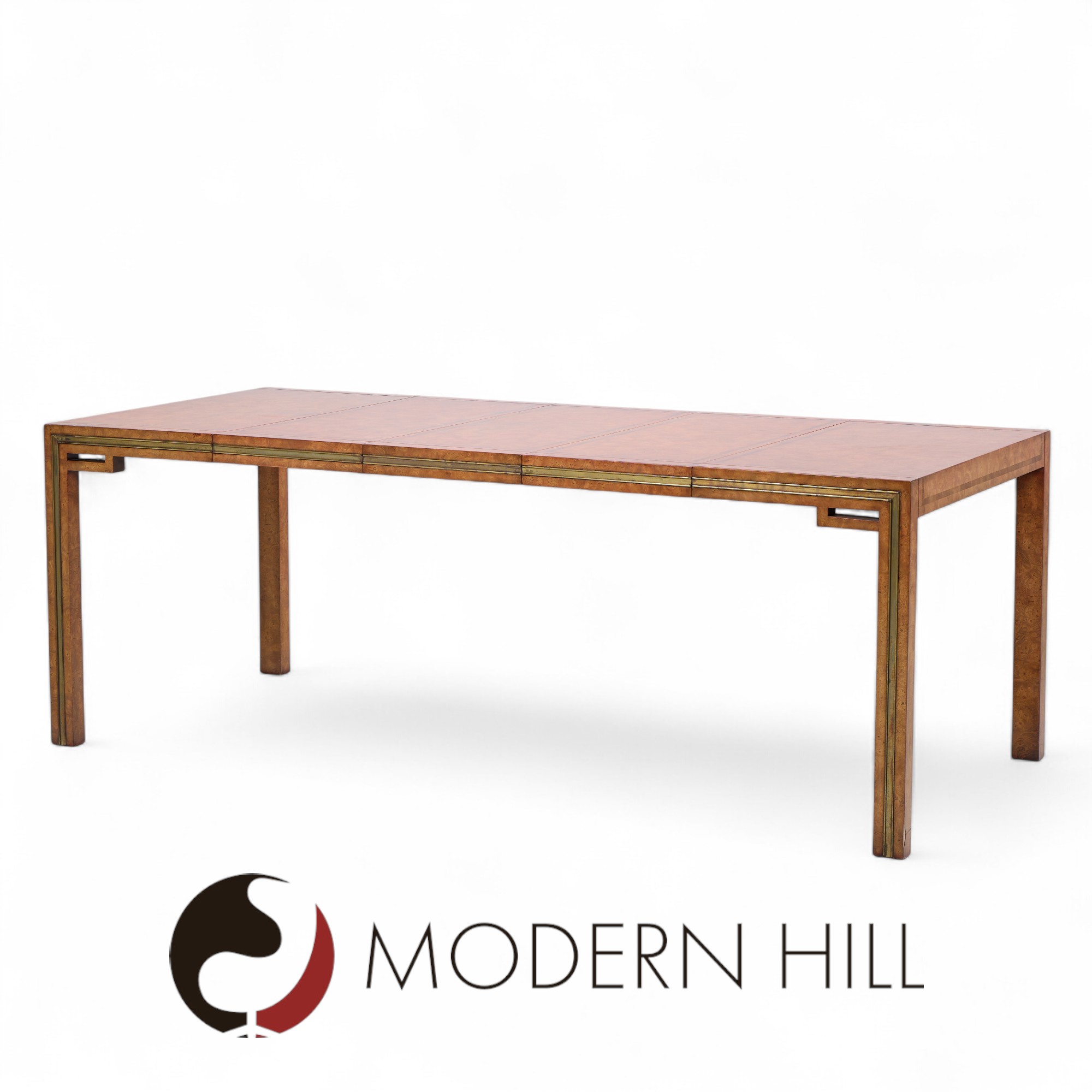 William Doezema for Mastercraft Mid Century Burlwood and Brass Expanding Dining Table with 3 Leaves