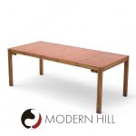 William Doezema for Mastercraft Mid Century Burlwood and Brass Expanding Dining Table with 3 Leaves | Mid Century Modern Furniture - Mid Century Furniture Chicago William Doezema for Mastercraft Mid Century Burlwood and Brass Expanding Dining Table with 3 Leaves