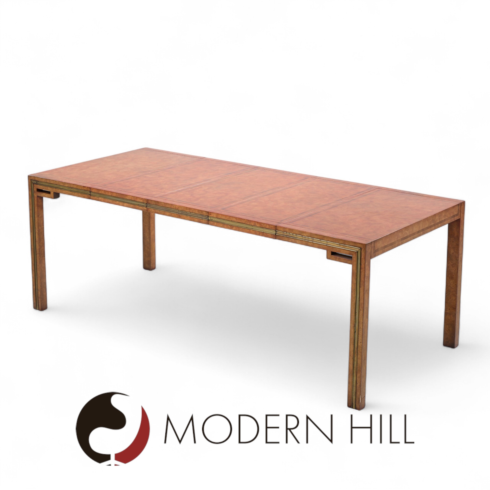 William Doezema for Mastercraft Mid Century Burlwood and Brass Expanding Dining Table with 3 Leaves