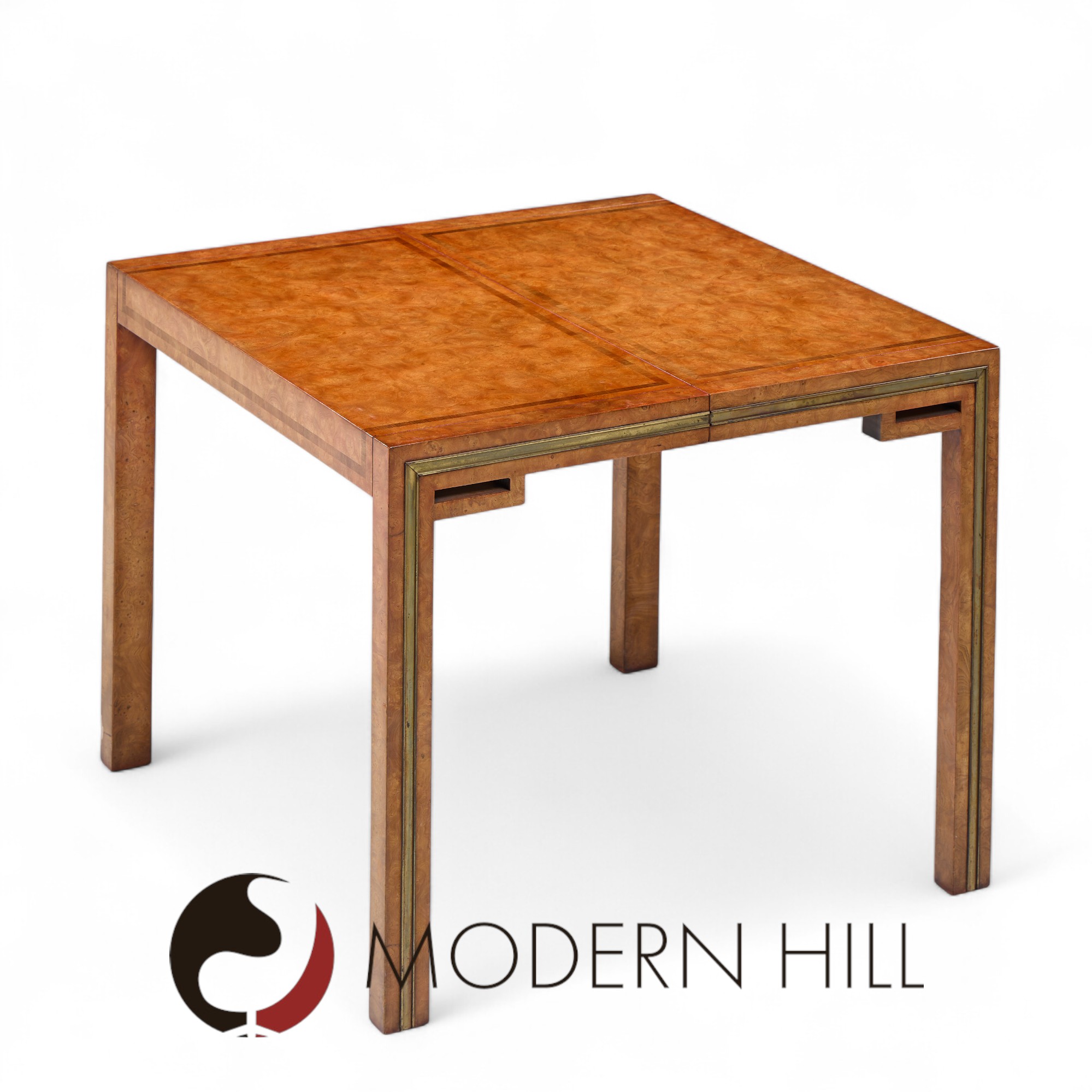 William Doezema for Mastercraft Mid Century Burlwood and Brass Expanding Dining Table with 3 Leaves