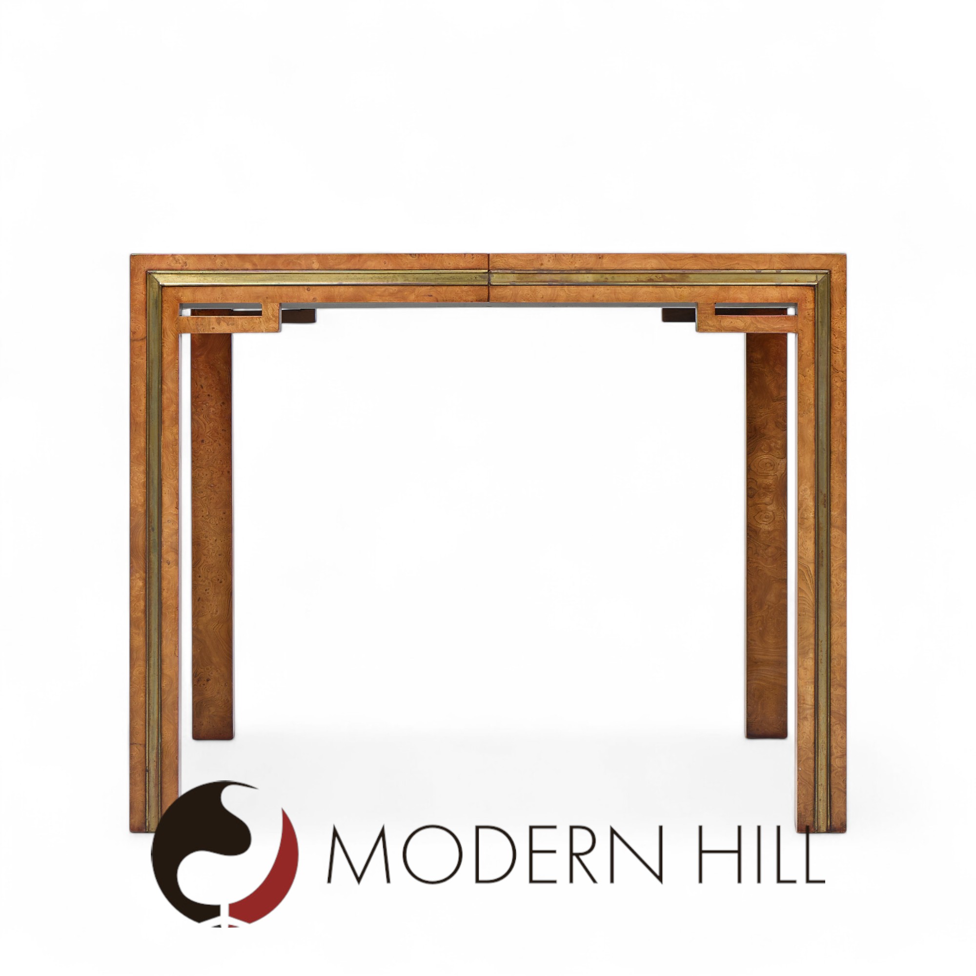 William Doezema for Mastercraft Mid Century Burlwood and Brass Expanding Dining Table with 3 Leaves