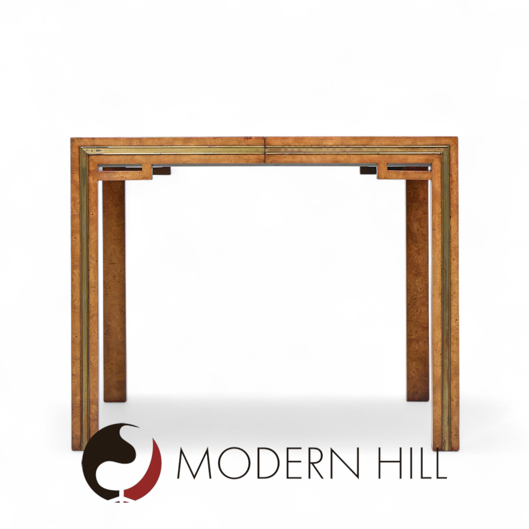 William Doezema for Mastercraft Mid Century Burlwood and Brass Expanding Dining Table with 3 Leaves