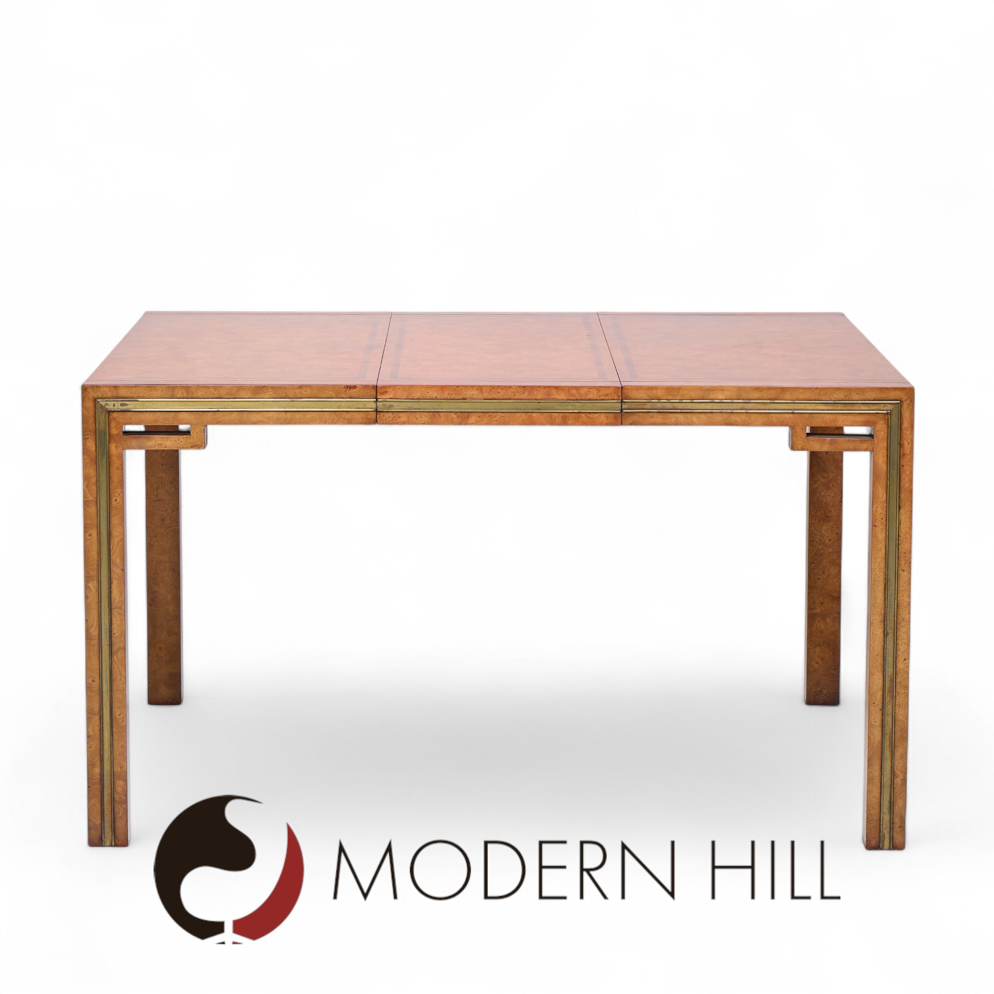 William Doezema for Mastercraft Mid Century Burlwood and Brass Expanding Dining Table with 3 Leaves