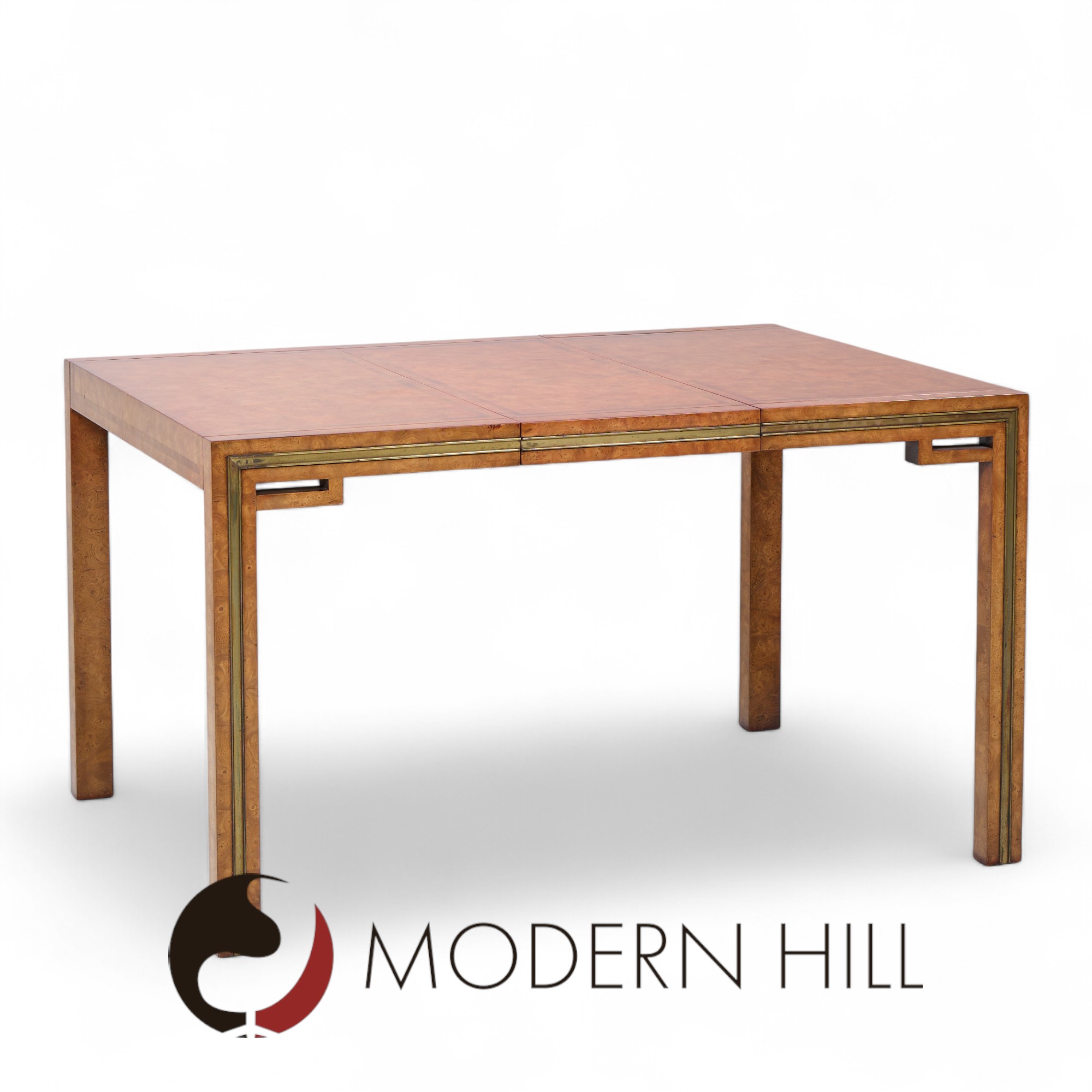 William Doezema for Mastercraft Mid Century Burlwood and Brass Expanding Dining Table with 3 Leaves