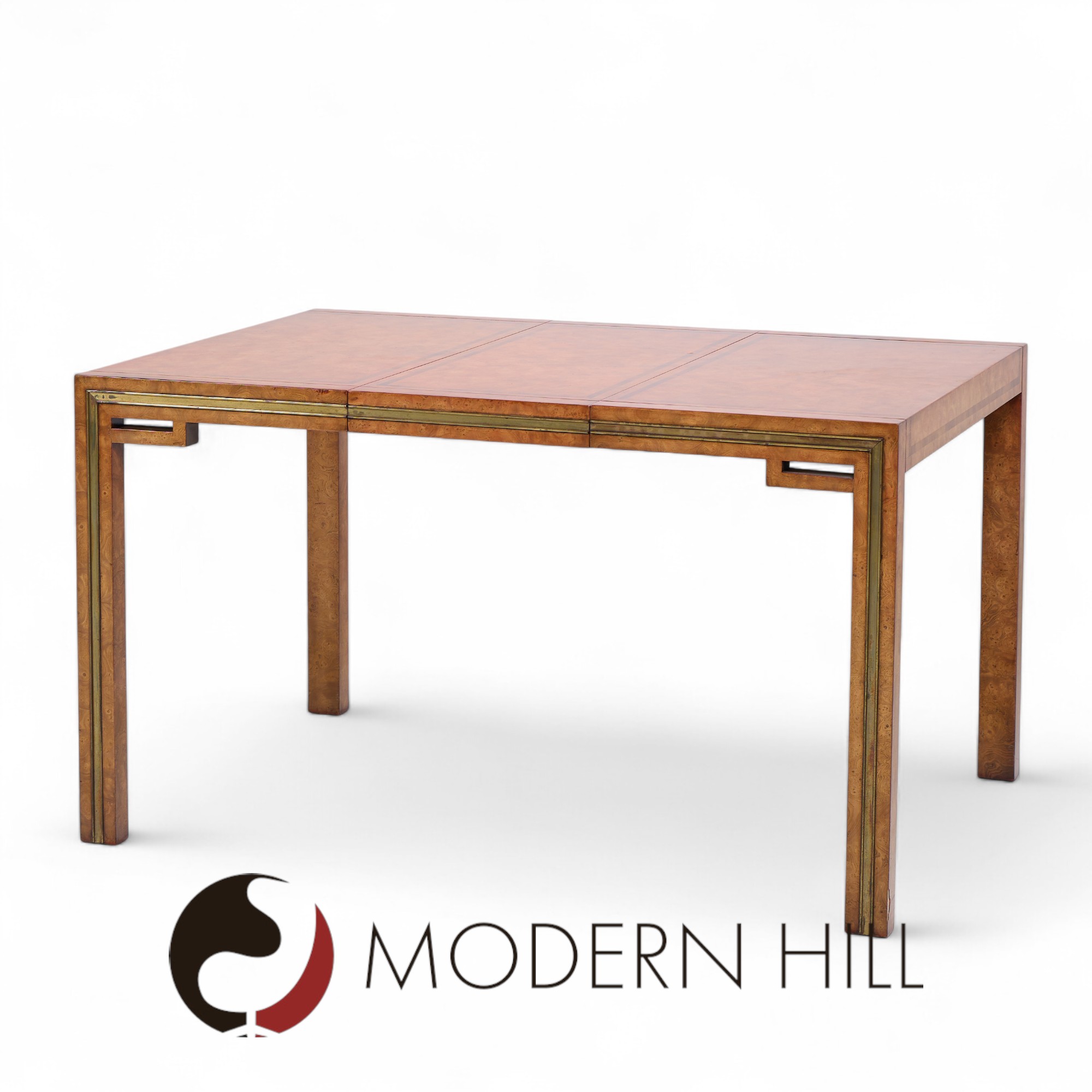William Doezema for Mastercraft Mid Century Burlwood and Brass Expanding Dining Table with 3 Leaves