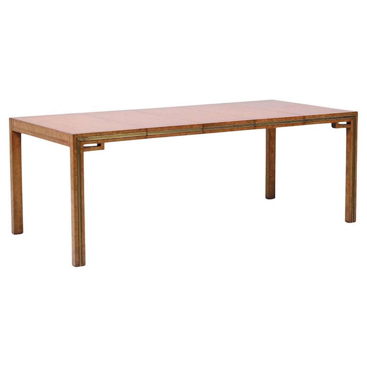 William Doezema for Mastercraft Mid Century Burlwood and Brass Expanding Dining Table with 3 Leaves