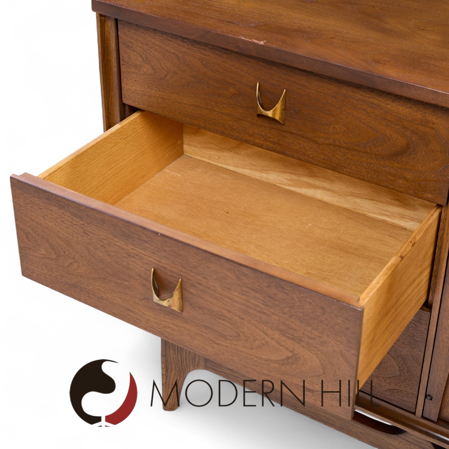 Broyhill Brasilia Mid Century Walnut and Brass 9-drawer Lowboy Dresser