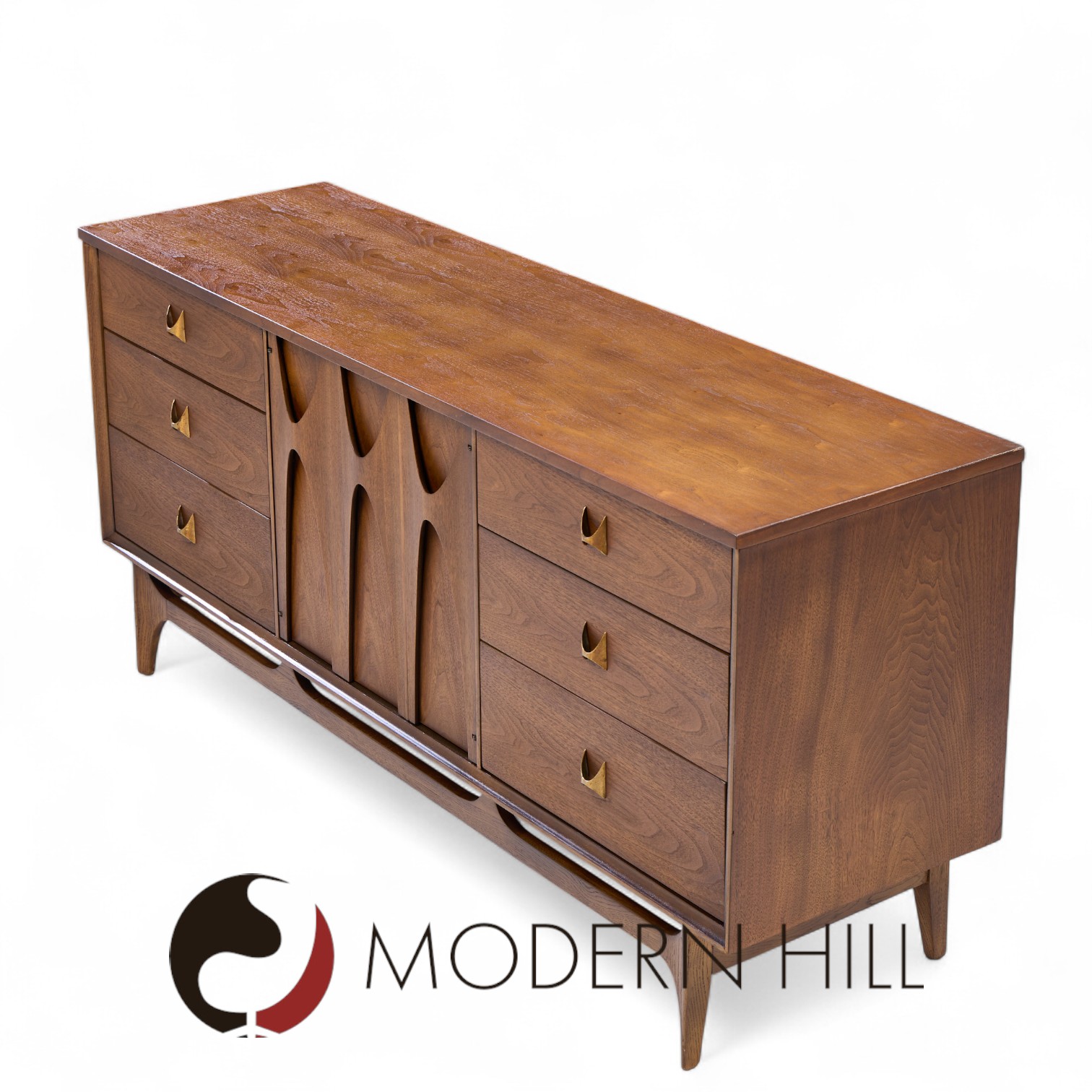 Broyhill Brasilia Mid Century Walnut and Brass 9-drawer Lowboy Dresser