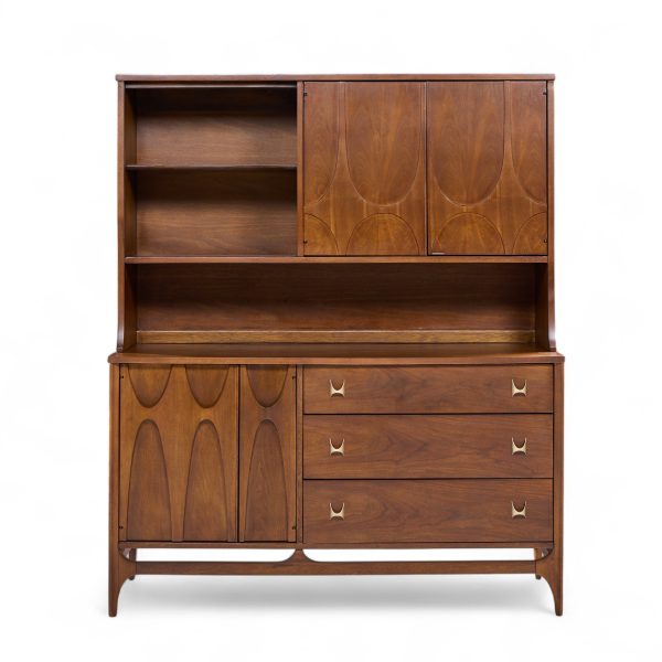 Broyhill Brasilia Mid Century Walnut and Brass Offset Credenza and Hutch