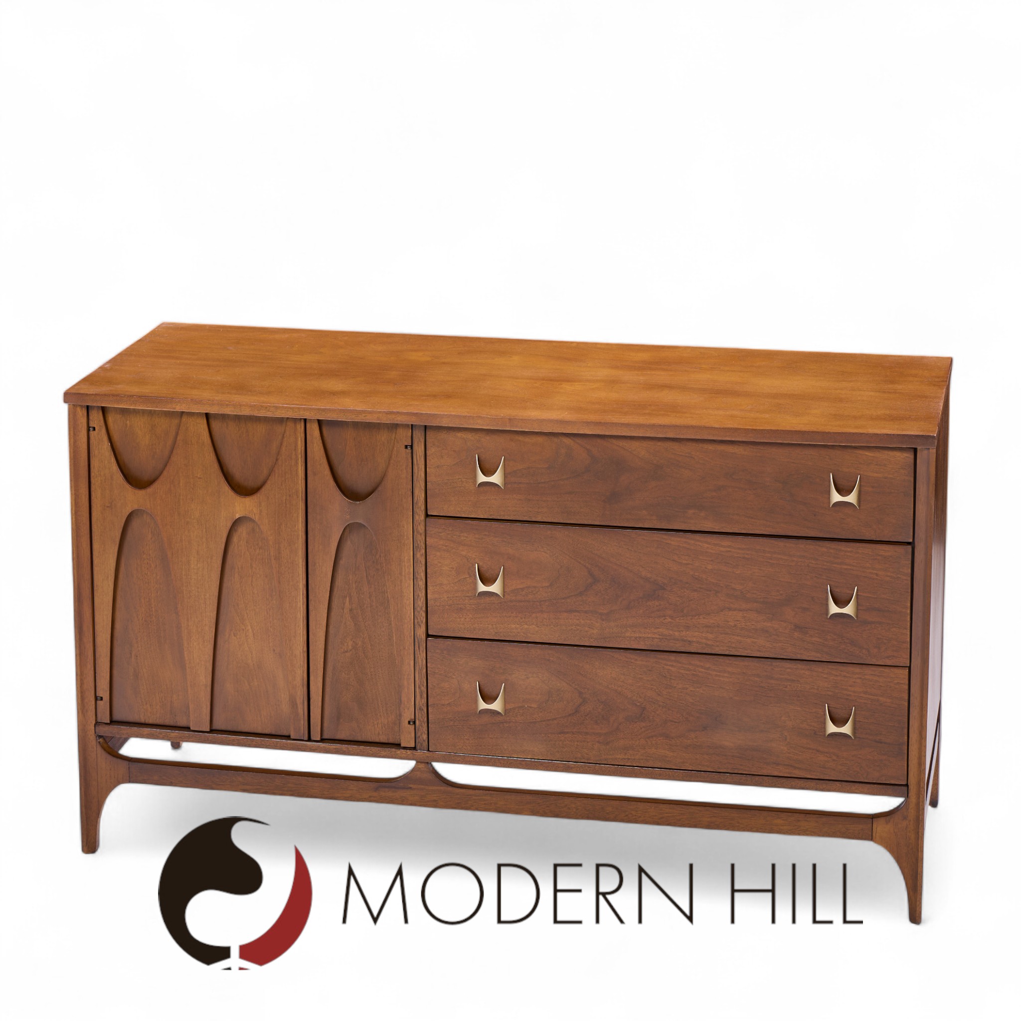 Broyhill Brasilia Mid Century Walnut and Brass Offset Credenza and Hutch