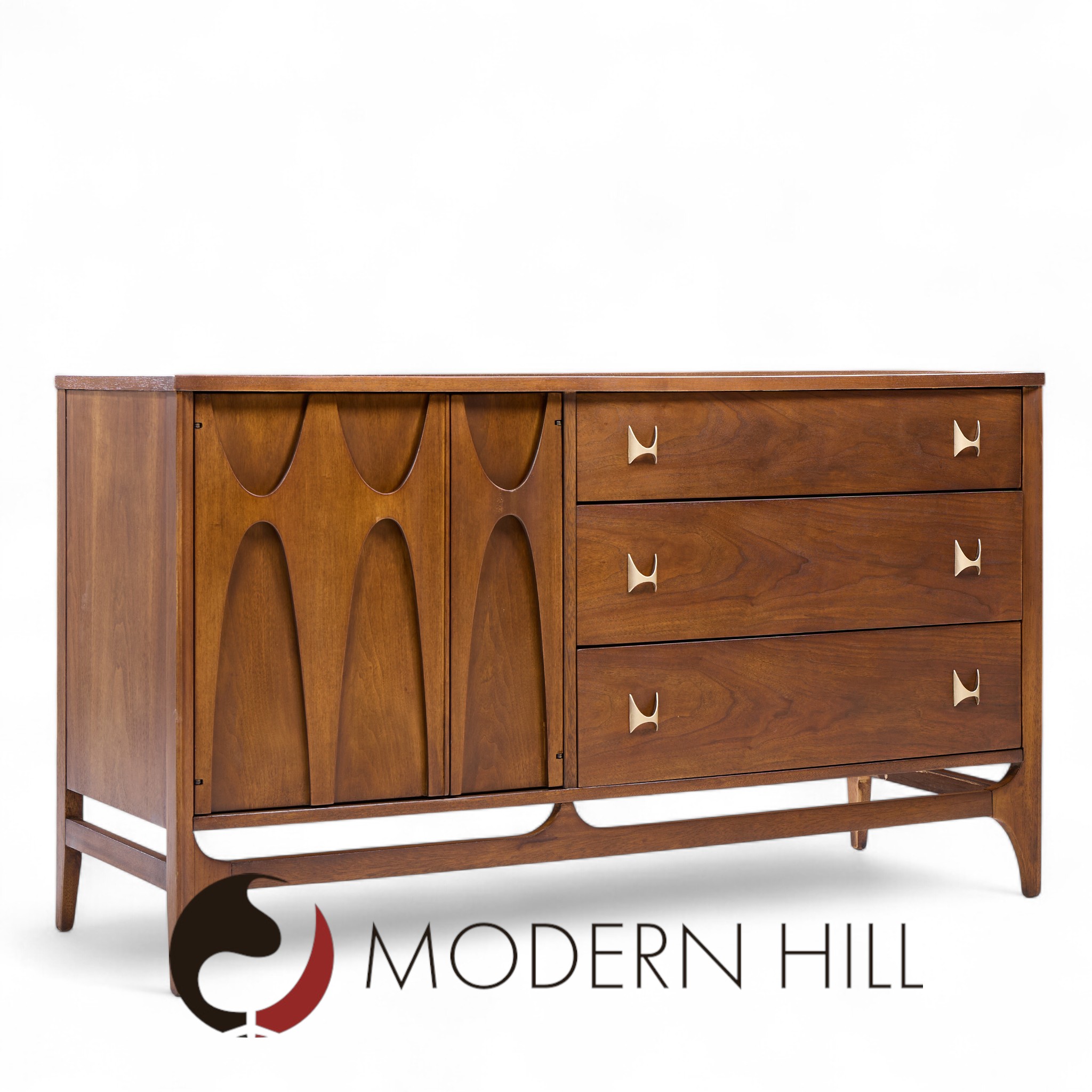 Broyhill Brasilia Mid Century Walnut and Brass Offset Credenza and Hutch