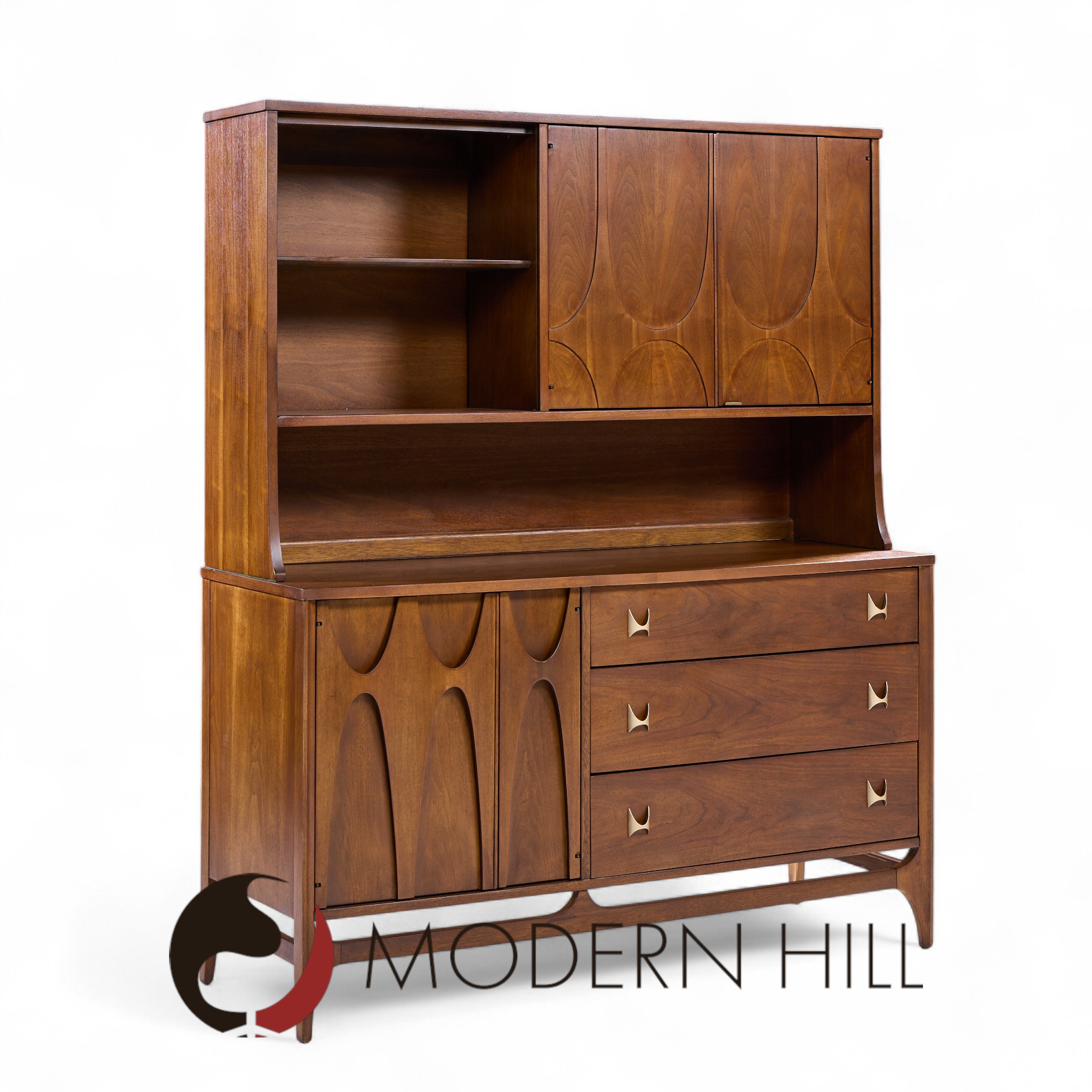 Broyhill Brasilia Mid Century Walnut and Brass Offset Credenza and Hutch