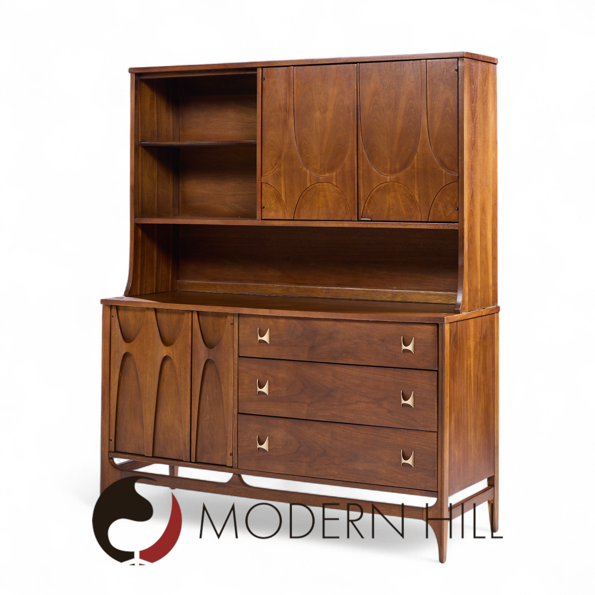 Broyhill Brasilia Mid Century Walnut and Brass Offset Credenza and Hutch