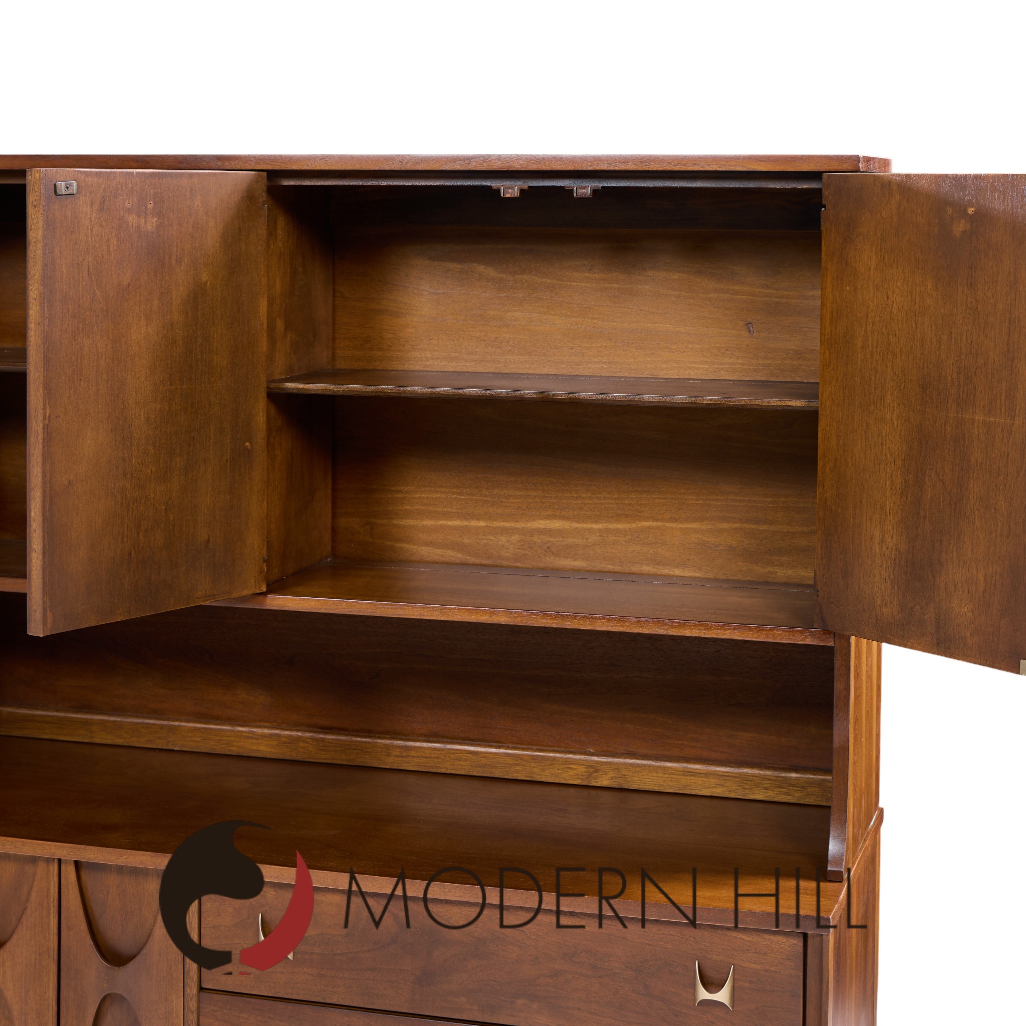 Broyhill Brasilia Mid Century Walnut and Brass Offset Credenza and Hutch