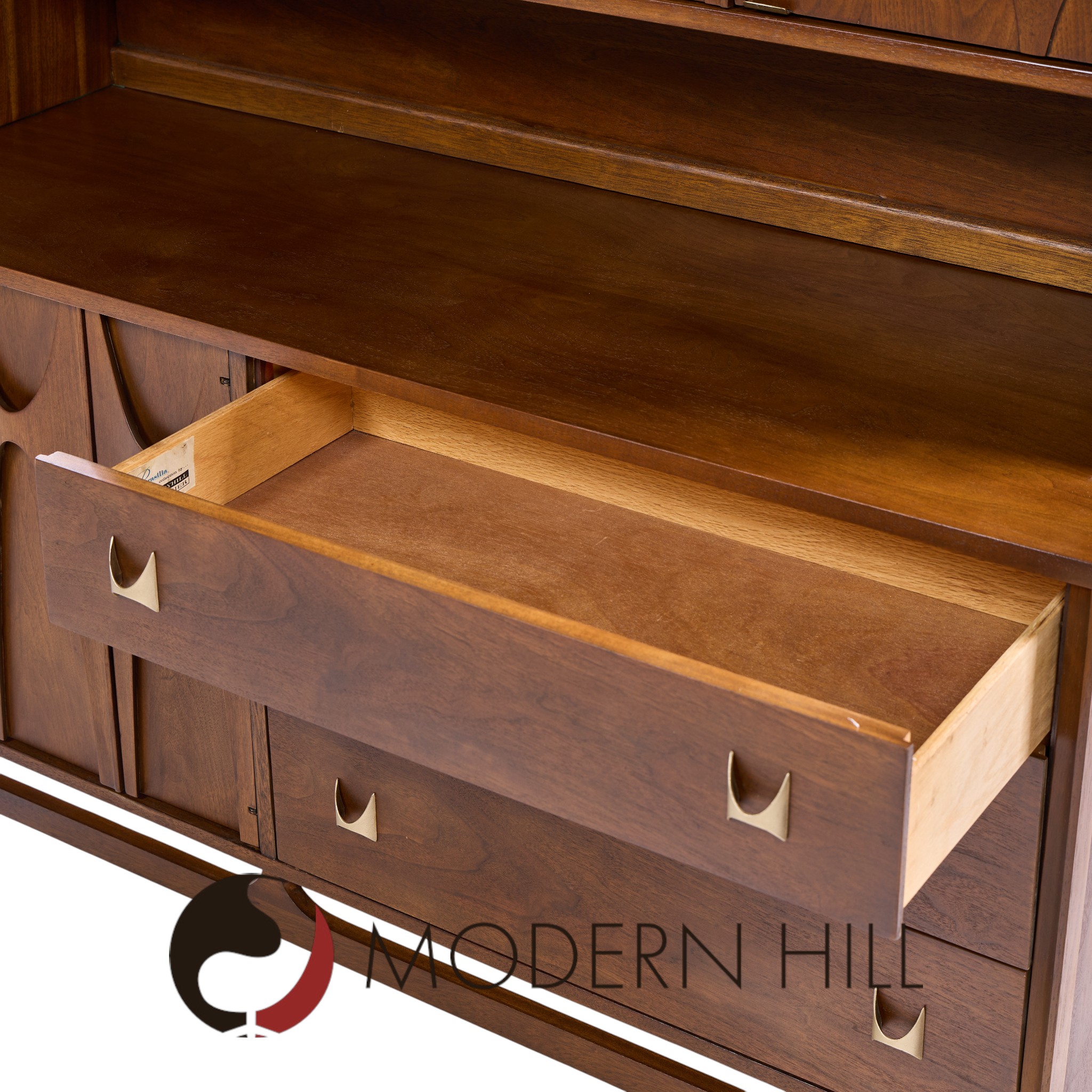 Broyhill Brasilia Mid Century Walnut and Brass Offset Credenza and Hutch