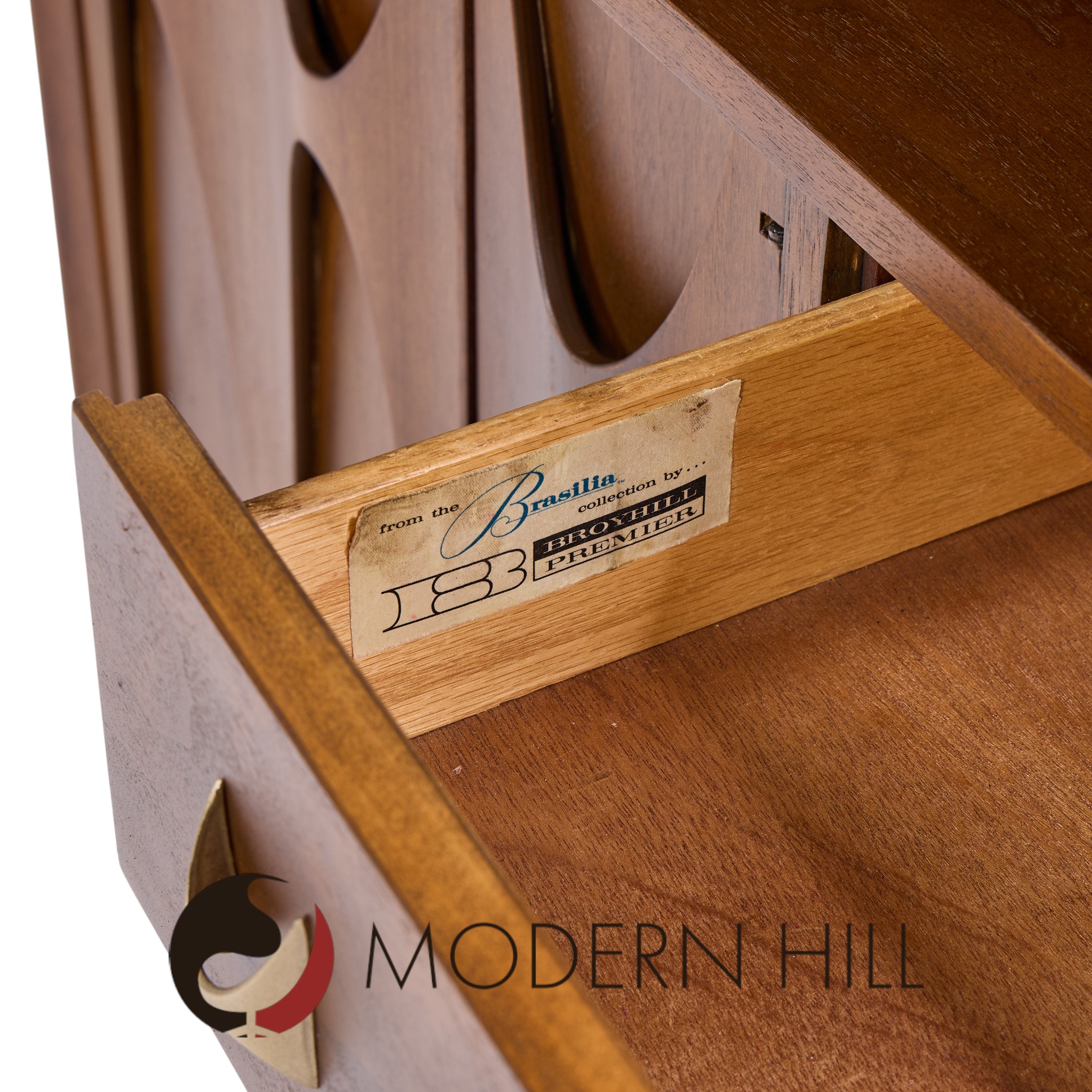 Broyhill Brasilia Mid Century Walnut and Brass Offset Credenza and Hutch