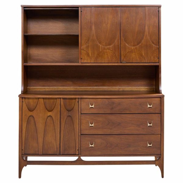 broyhill brasilia mid century walnut and brass offset credenza and hutch