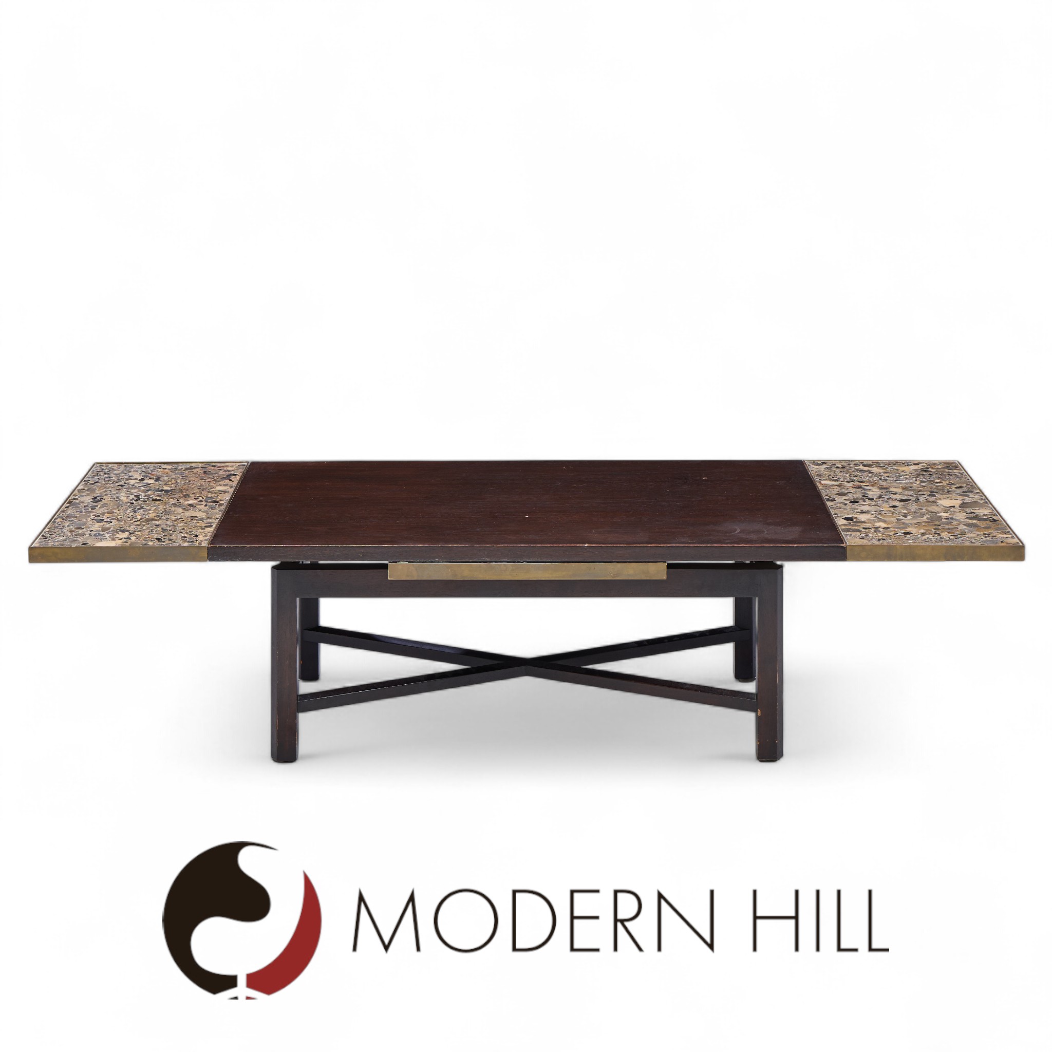 Edward Wormley for Dunbar Mid Century Walnut Stone and Brass Expanding Coffee Table